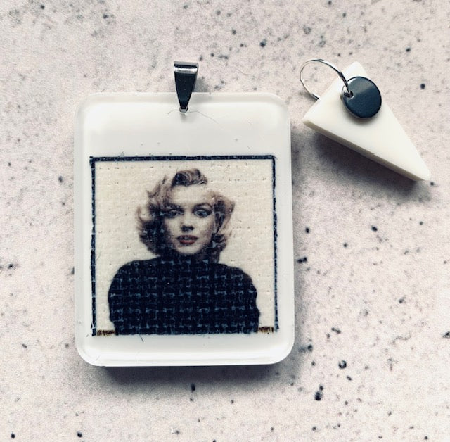 Marilyn Monroe Inspired Resin Pendant Necklace. Mixed Media Art Jewellery. Stainless Steel Chain. Ivory Drop Pendant. Vintage Icon Gift.
