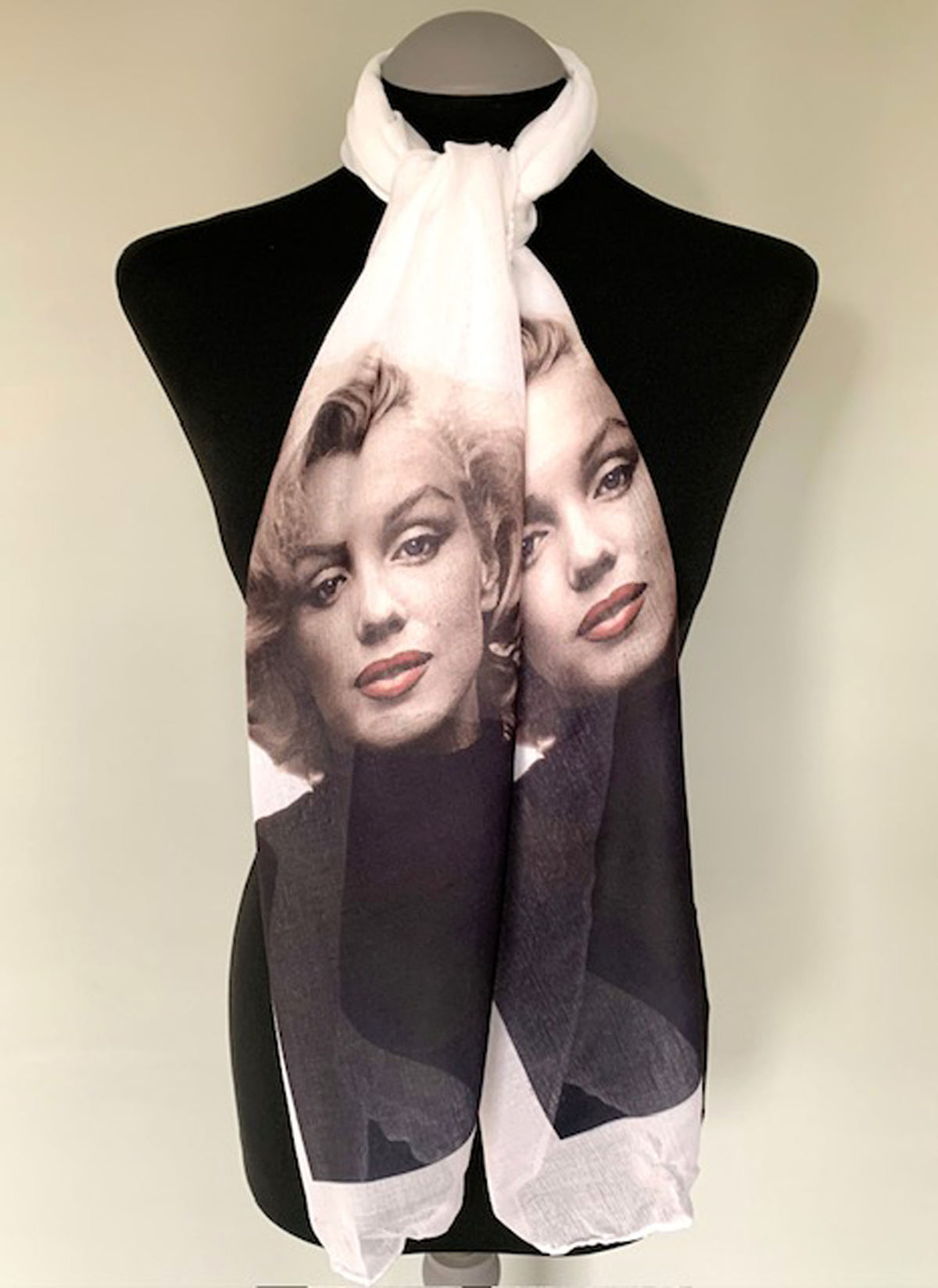 long white scarf with vintage marilyn monroe print