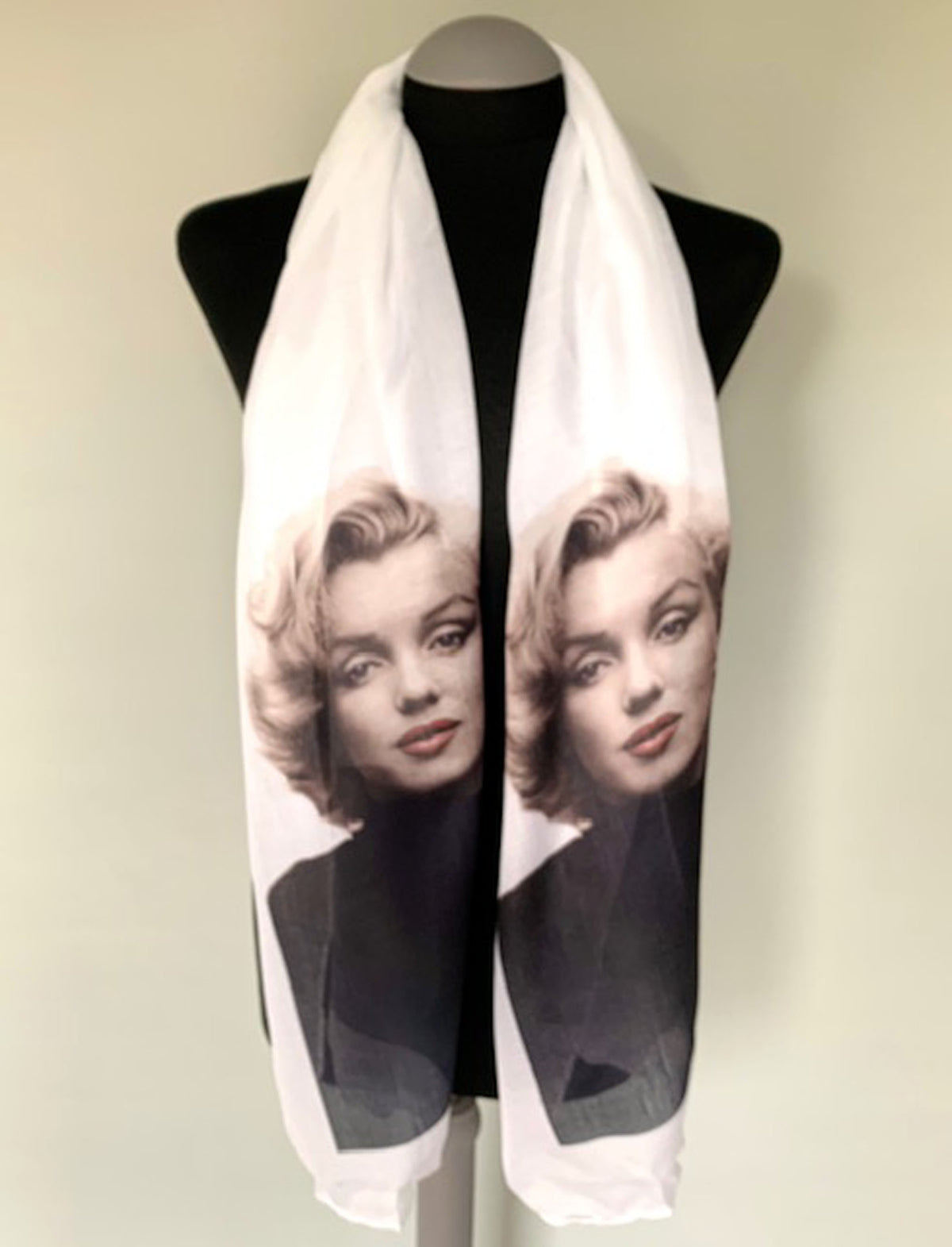 Marilyn Monroe Inspired Scarf – 1950's Vintage Hollywood Pin-Up Print on Lightweight White Scarf.