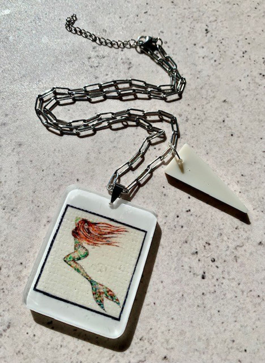 necklace with hand crafted ivory resin pendant with original mermaid art embedded