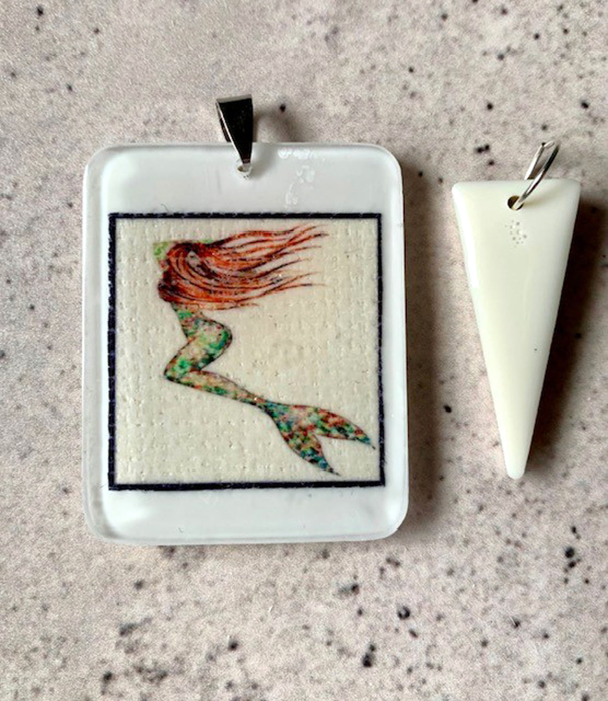 Mermaid Resin Pendant Necklace. Mixed Media Art Jewellery. Stainless Steel Chain. Ivory Drop Pendant. Mermaids and The Ocean Lovers Gift.
