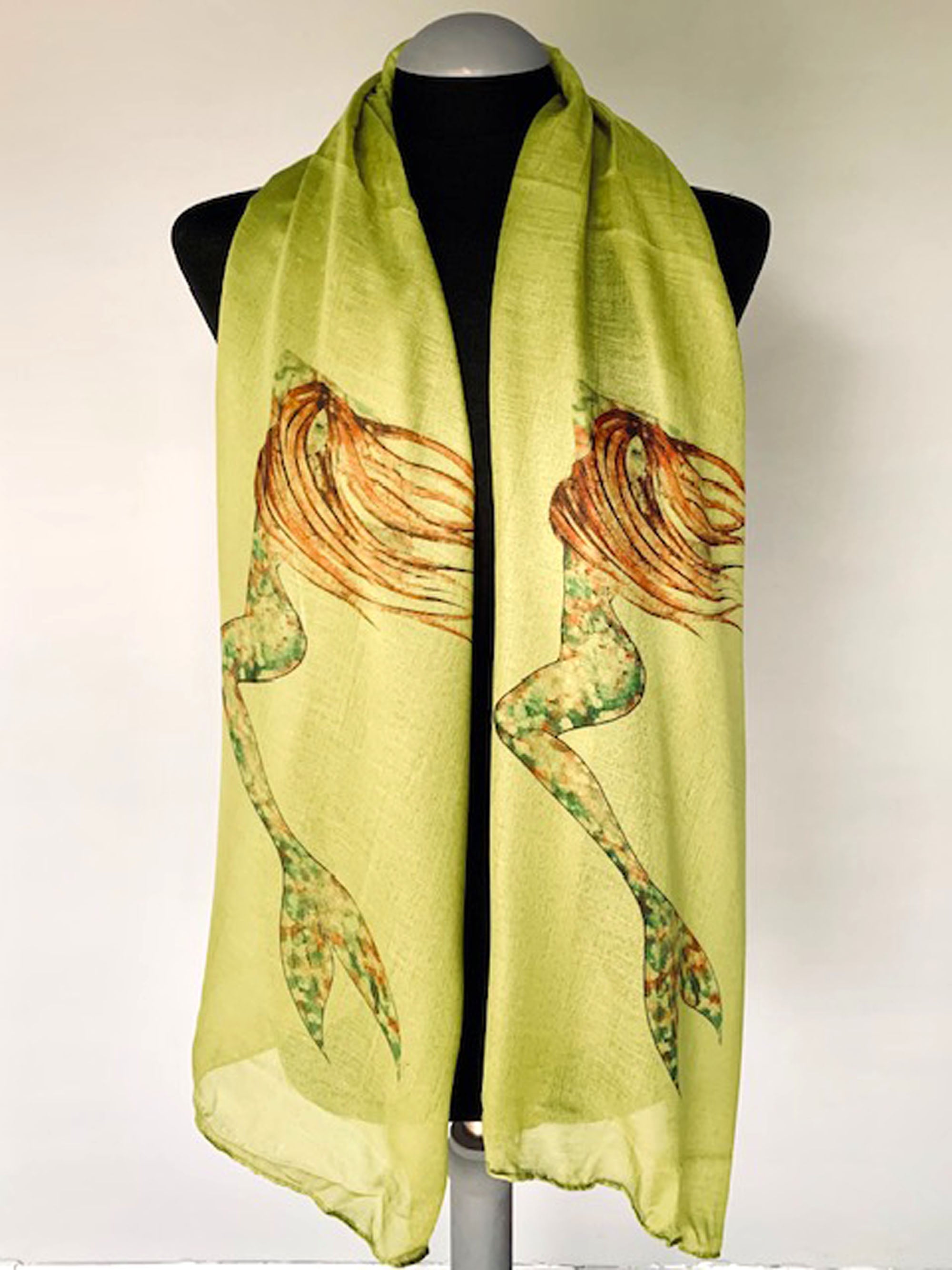 Mermaid Scarf – Mythical Mermaid Print on Green Lightweight Scarf