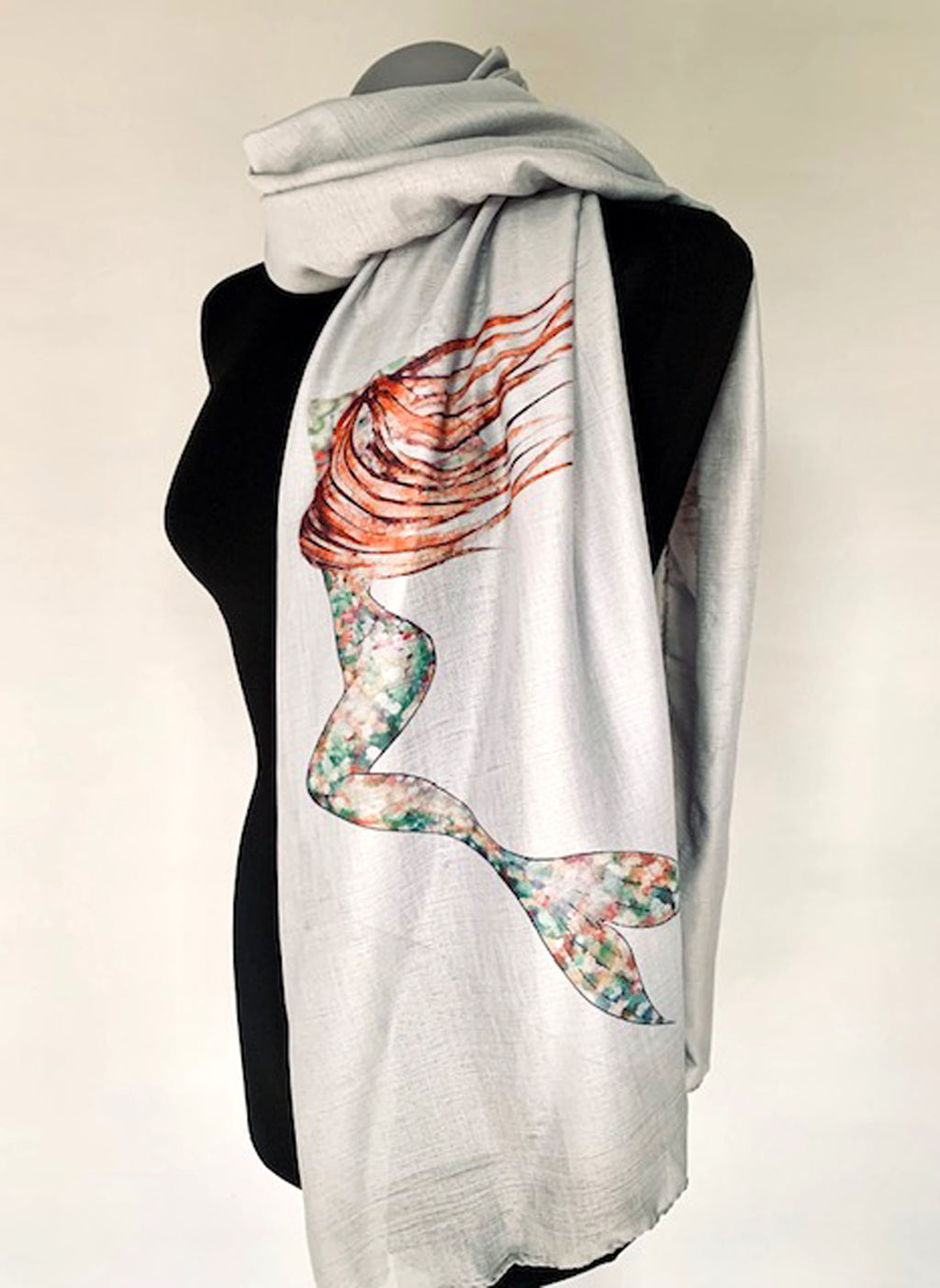 Mermaid Scarf – Mythical Mermaid Print on Grey Lightweight Scarf
