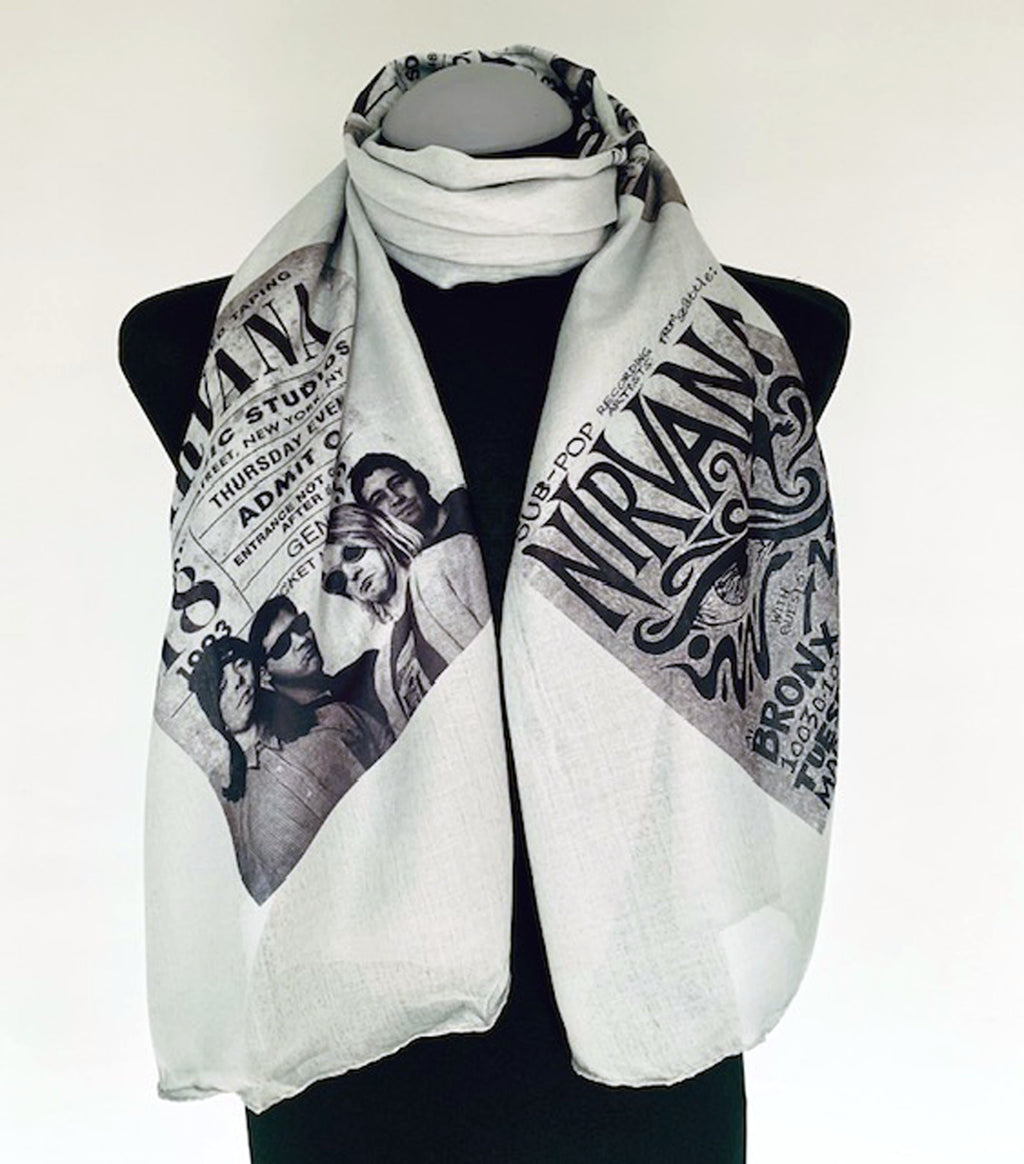 Wearable art scarf with vintage 90s grunge Nirvana band print