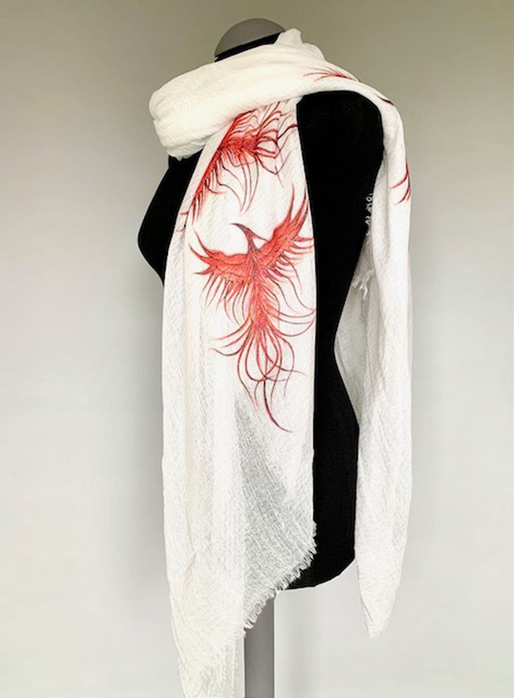 Wearable art scarf with fire bird phoenix print