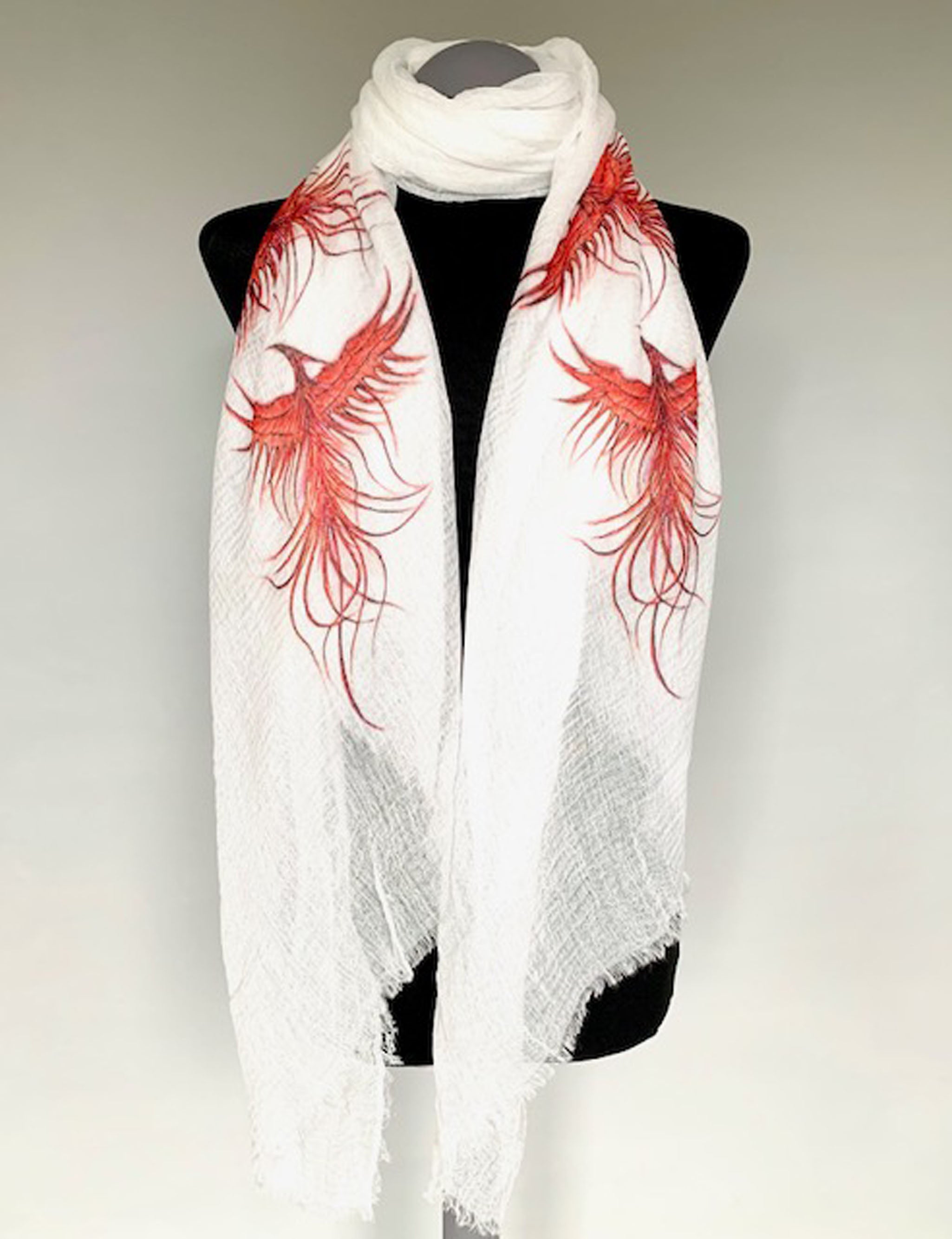 Phoenix Scarf – Mythical Fire Bird Print on White Wrap Scarf