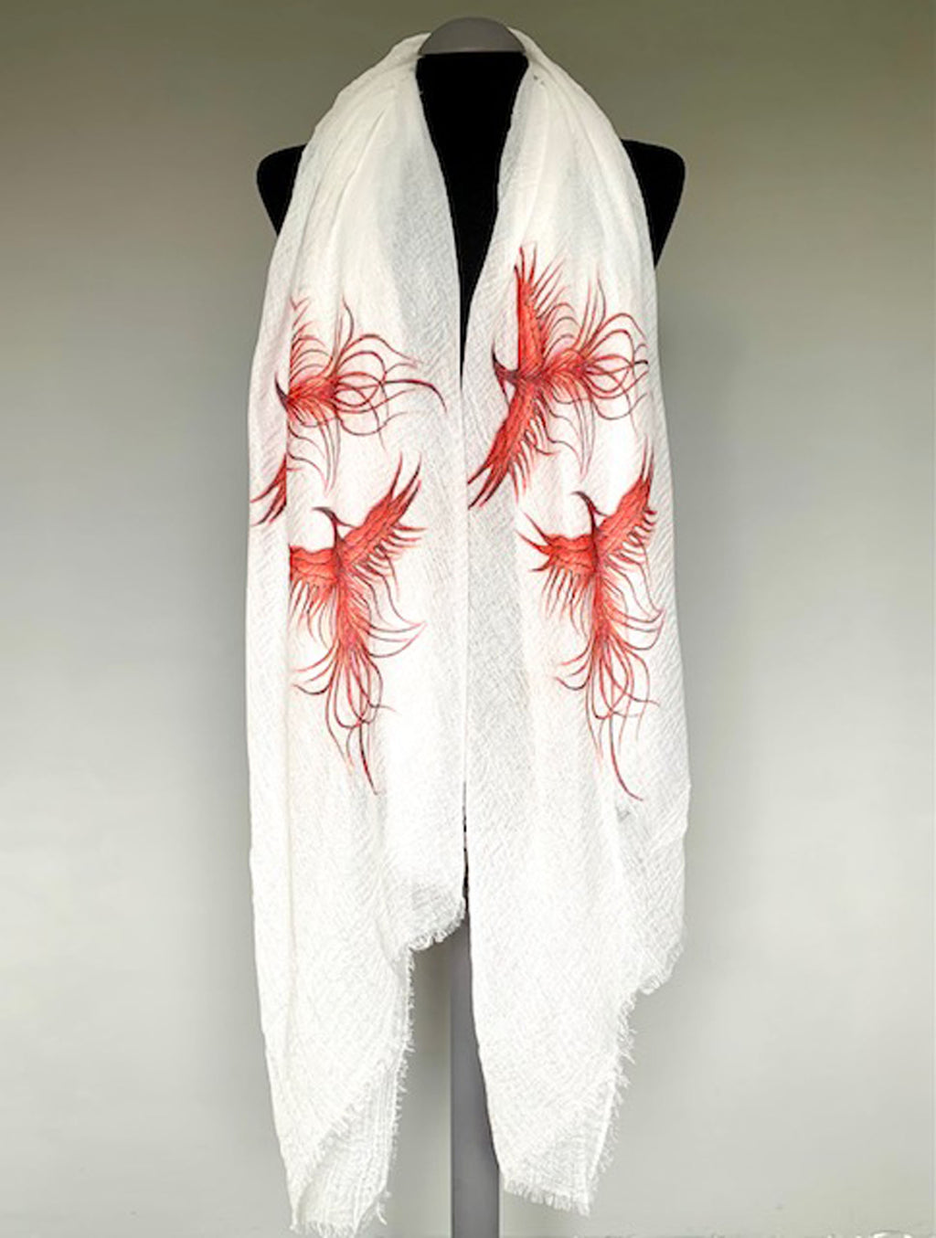 Phoenix Scarf – Mythical Fire Bird Print on White Wrap Scarf