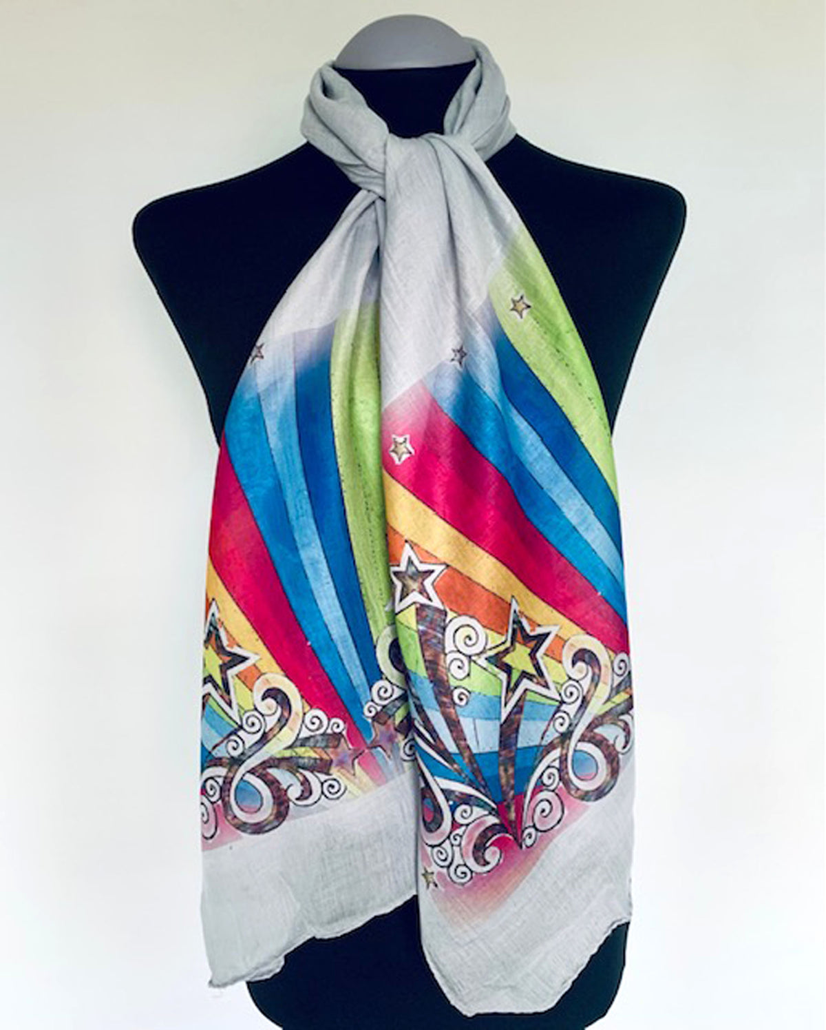 rainbow and shooting stars print on grey scarf