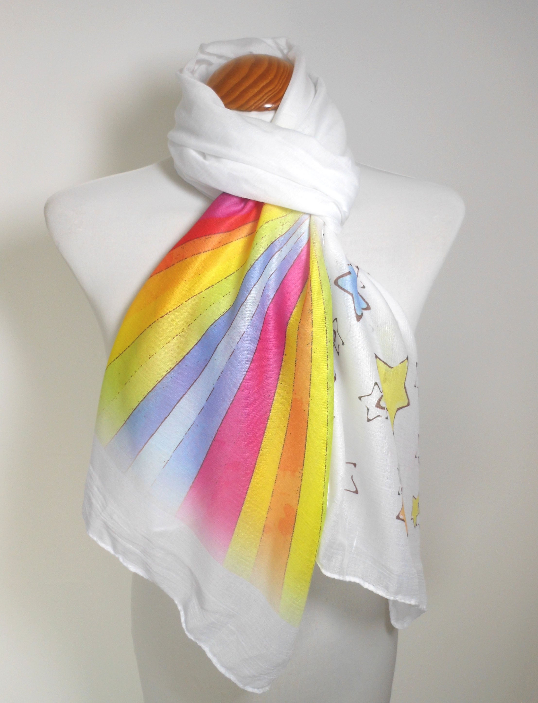 Wearable art scarf with rainbow and star print