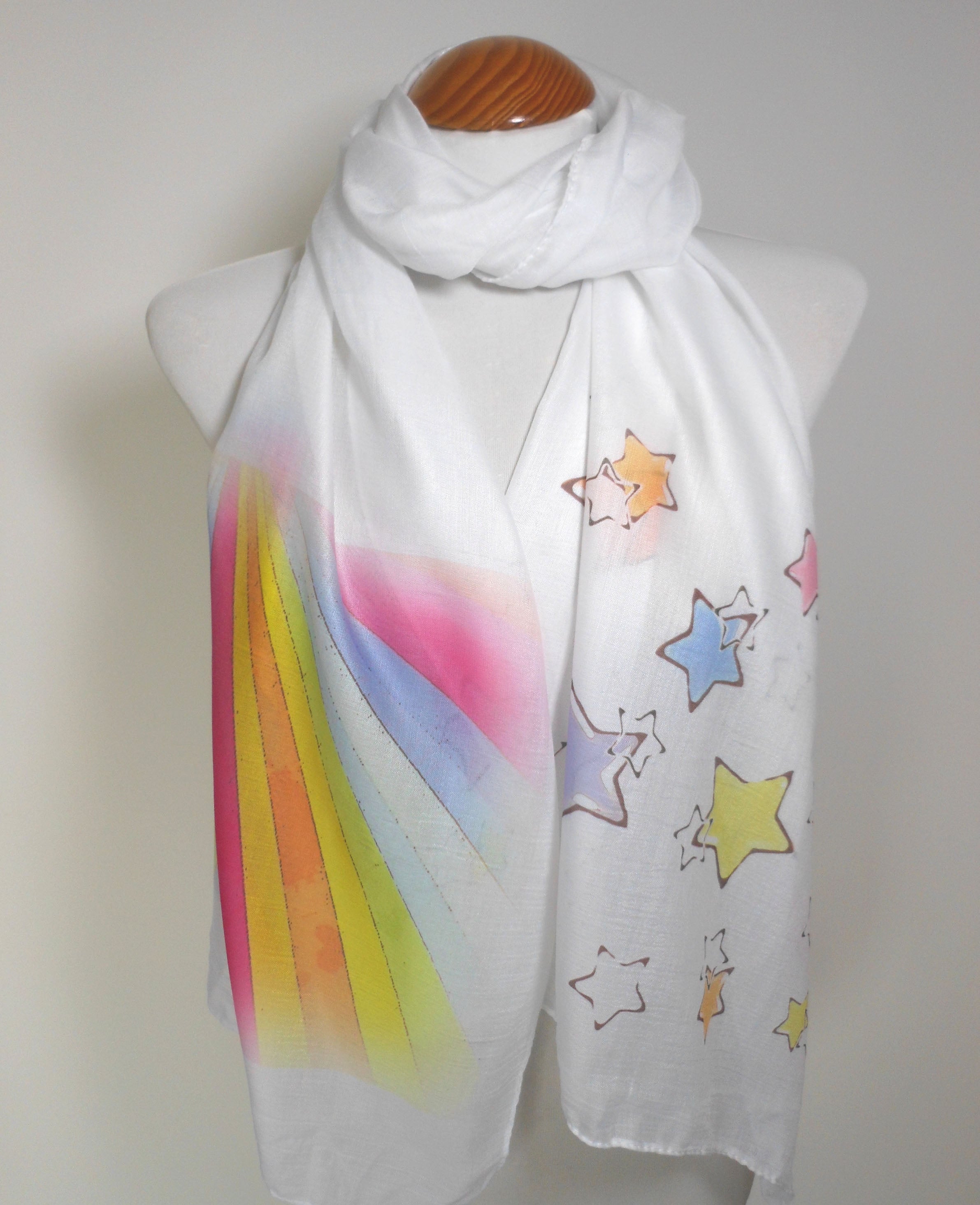 Rainbow & Stars Scarf – Colorful Rainbow Print Festival Fashion Accessory on Lightweight White Scarf