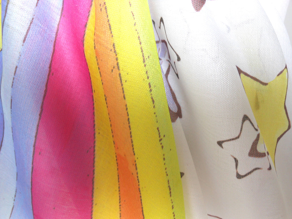 Rainbow & Stars Scarf – Colorful Rainbow Print Festival Fashion Accessory on Lightweight White Scarf