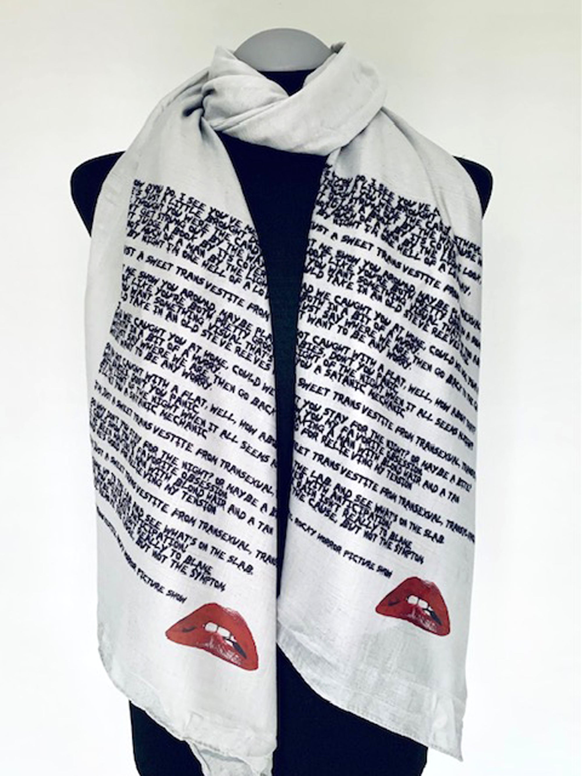 Rocky Horror Picture Show Inspired Scarf – Iconic Sweet Transvestite Print on Grey Lightweight Scarf