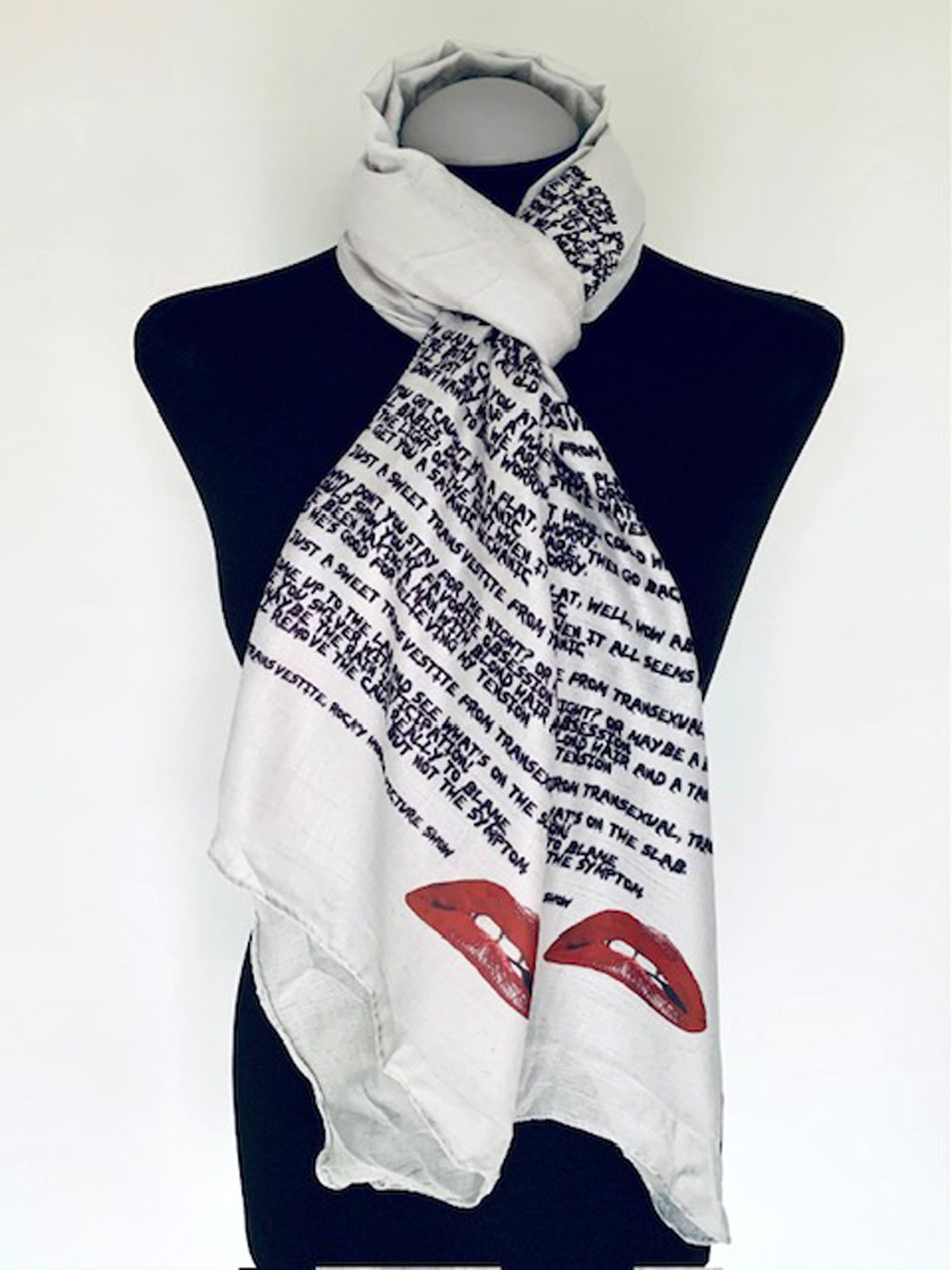 Rocky Horror Picture Show Inspired Scarf – Iconic Sweet Transvestite Print on Grey Lightweight Scarf