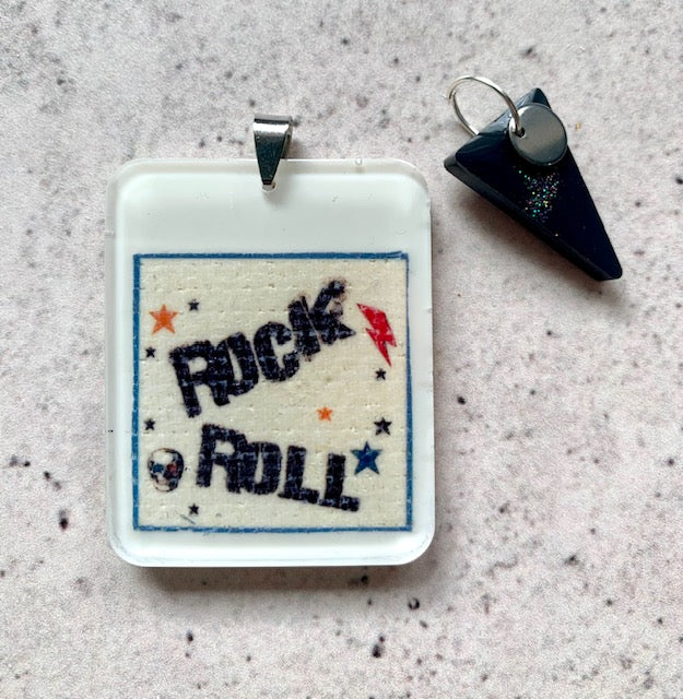 Rock and Roll Resin Pendant Necklace. Mixed Media Art Jewellery. Stainless Steel Chain. Black Drop Pendant. Alternative Music Gift.