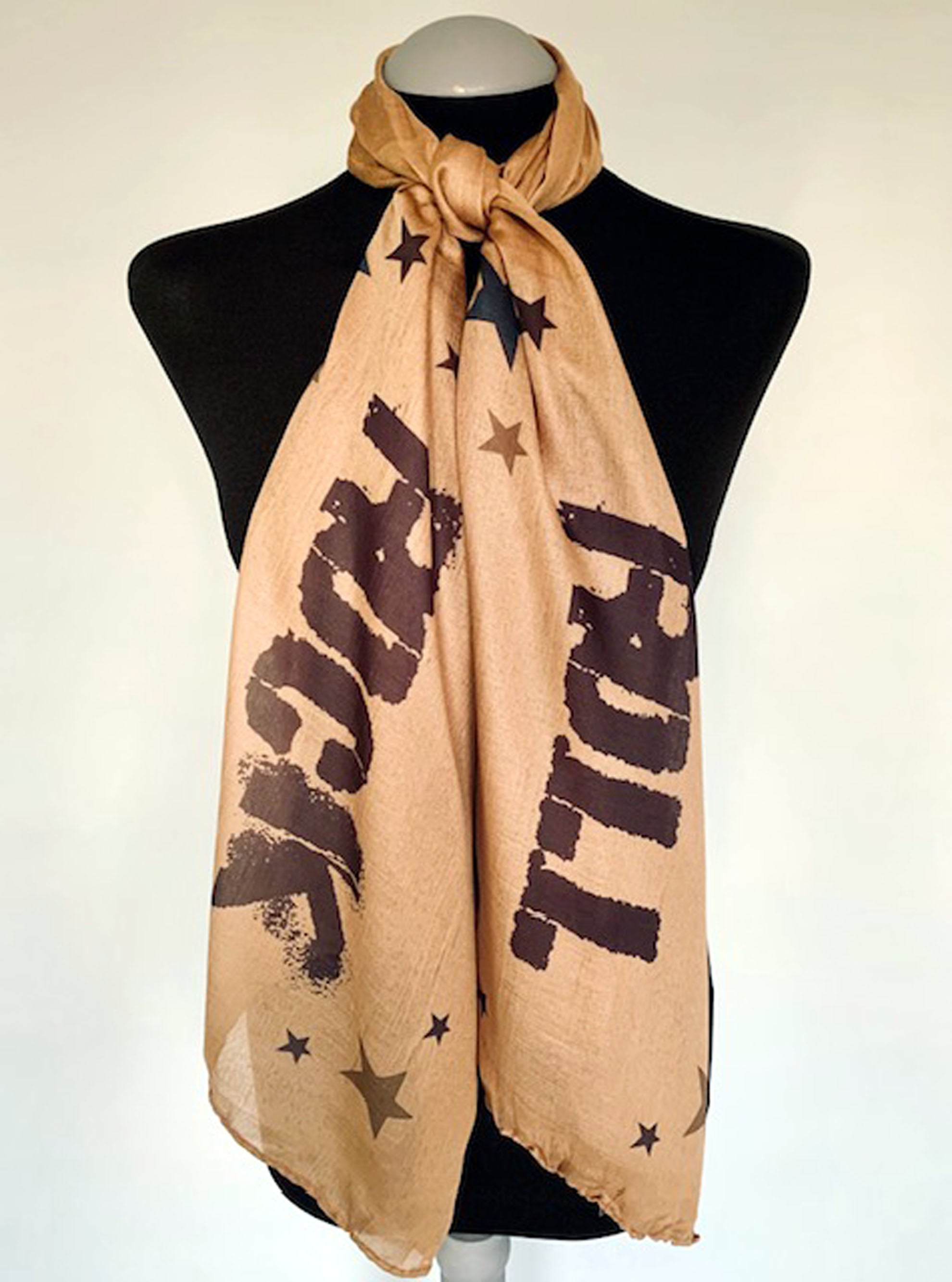 Rock N Roll Scarf – Vintage Music Style Rock N Roll Print on Lightweight Brown Scarf