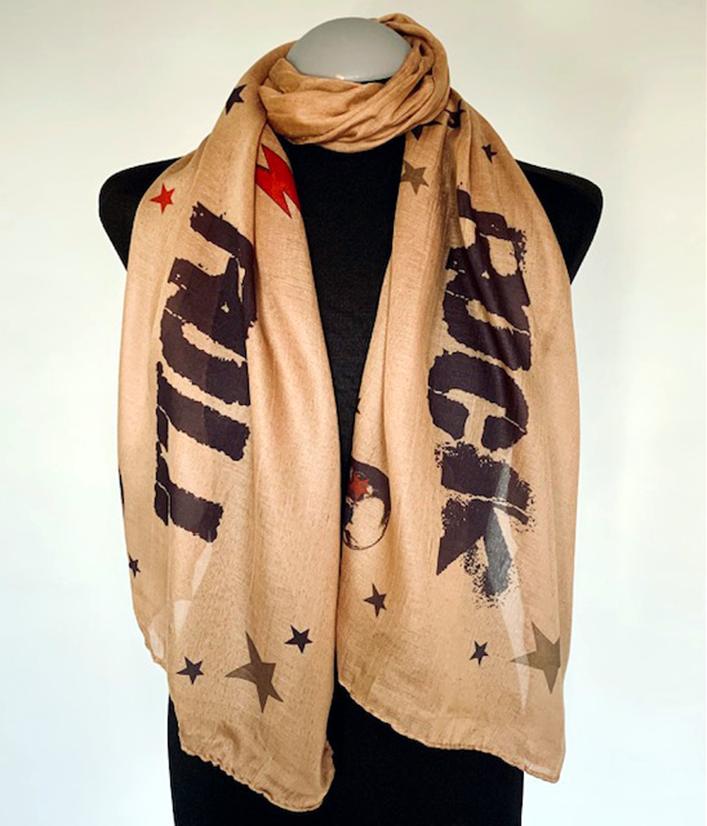 Soft wearable long brown scarf with vintage style rock and roll graphic print