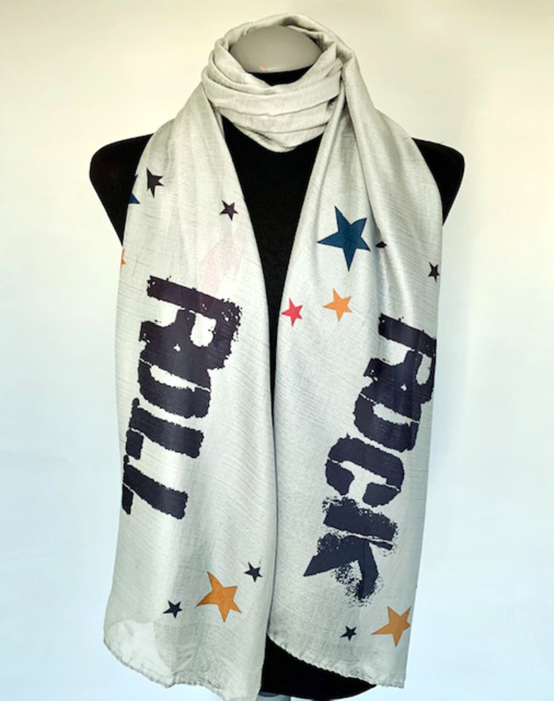 Soft wearable long grey scarf with vintage style rock and roll graphic print