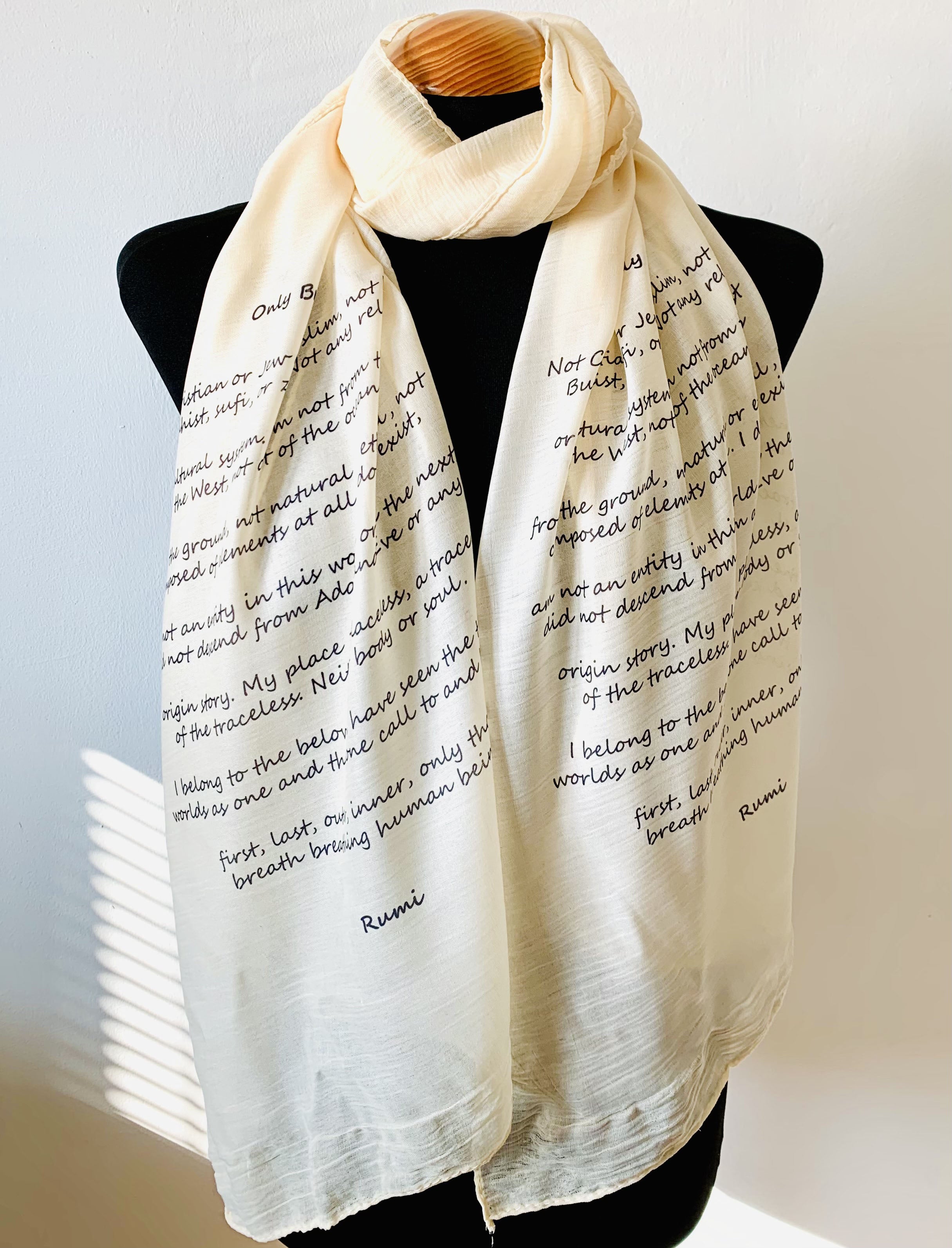 Rumi - Only Breath –  Spiritual Enlightenment Poem Print on Lightweight Scarf .