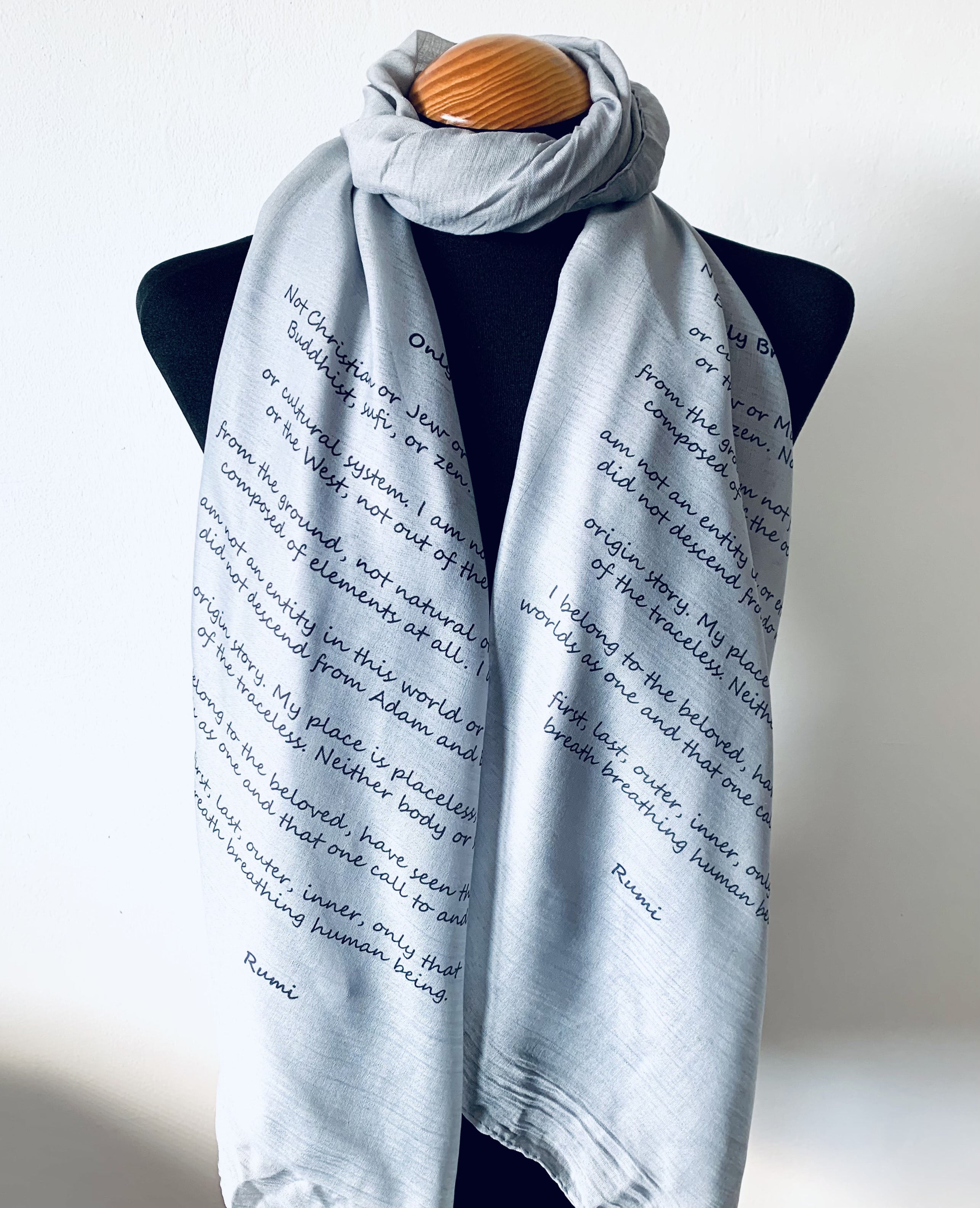 long grey or beige scarf with rumi only breath poem print