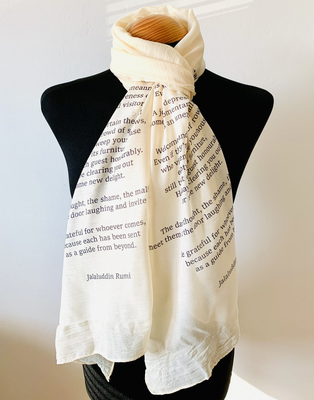 long beige or grey scarf with Rumi The Guest House poem print