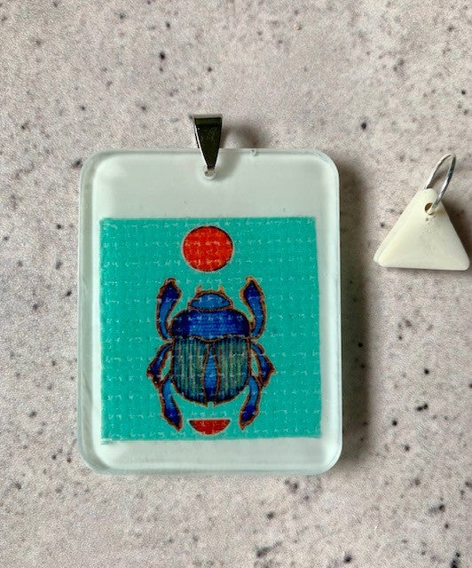Scarab Beetle Resin Pendant Necklace. Mixed Media Art Jewellery. Stainless Steel Chain. Ivory Drop Pendant. Sacred Egyptian Symbol Gift.