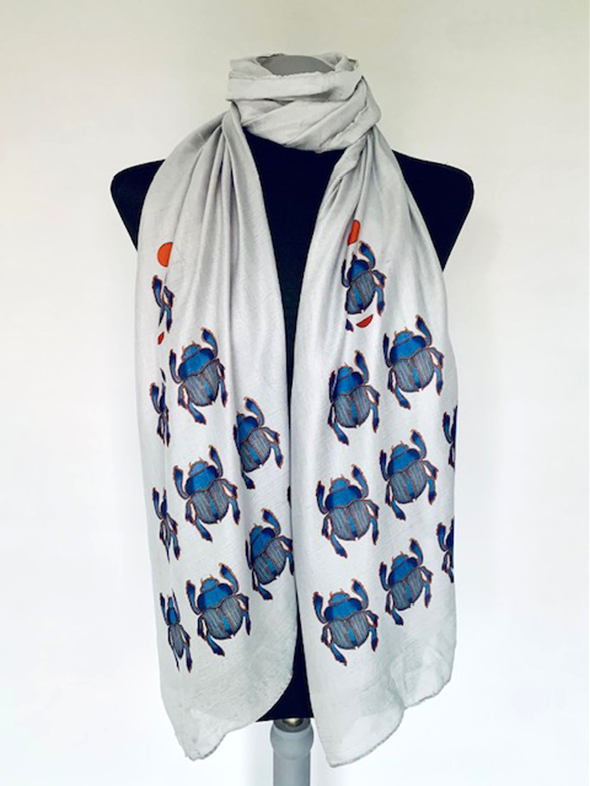 Egyptian Scarab Scarf – Spiritual Blue Scarab Beetle Print on Grey Lightweight Scarf