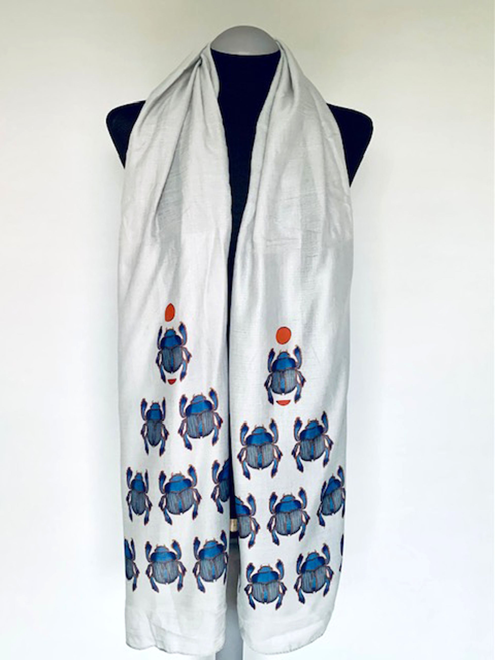 Egyptian Scarab Scarf – Spiritual Blue Scarab Beetle Print on Grey Lightweight Scarf