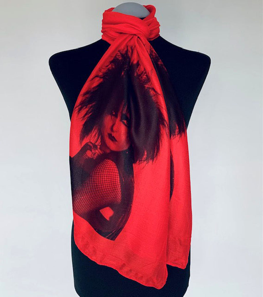 Wearable red art scarf with siouxsie sioux vintage punk music print