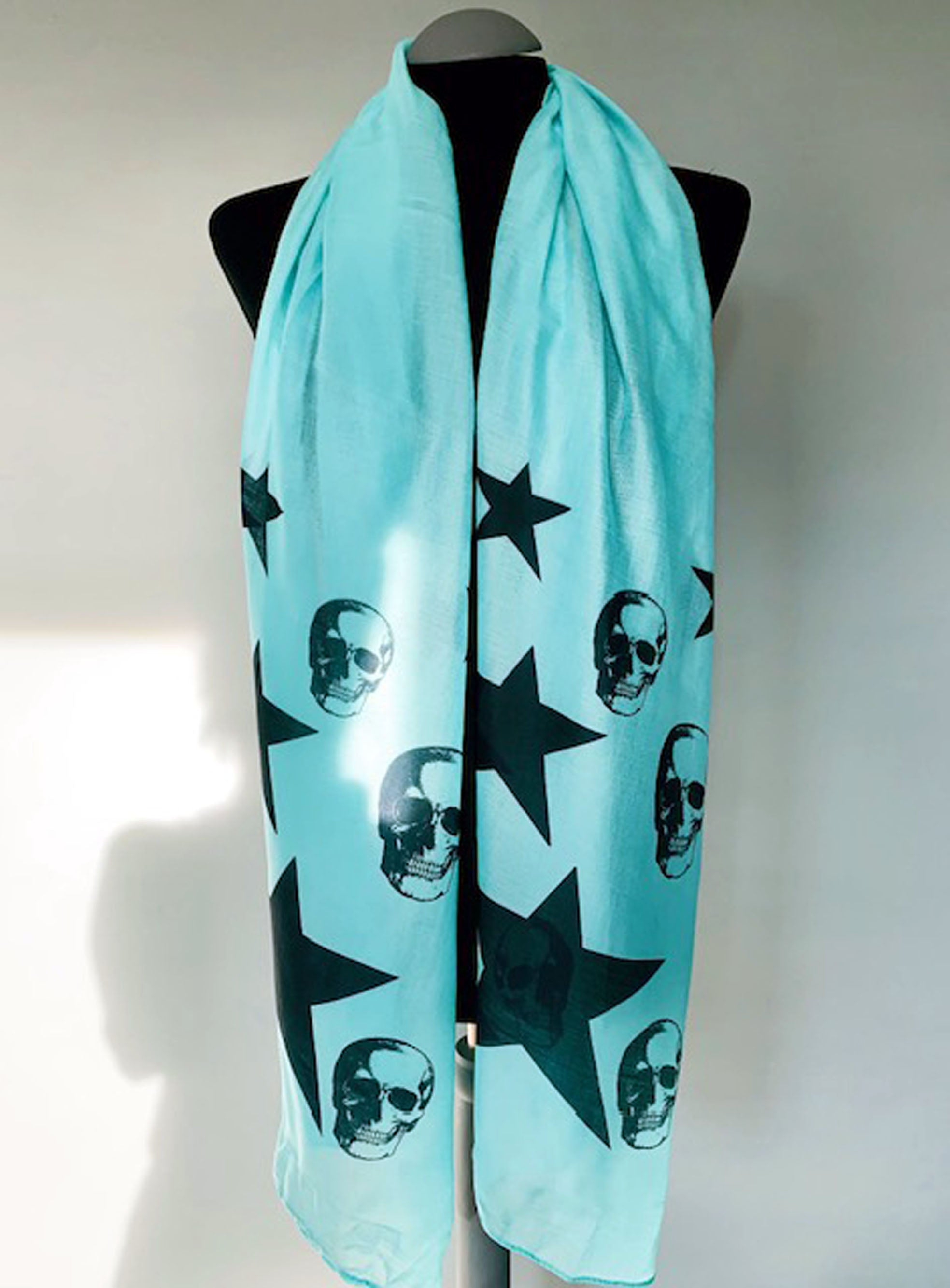 Skulls and Stars Scarf – Gothic Punk Fashion Print on Lightweight Aqua Green Scarf