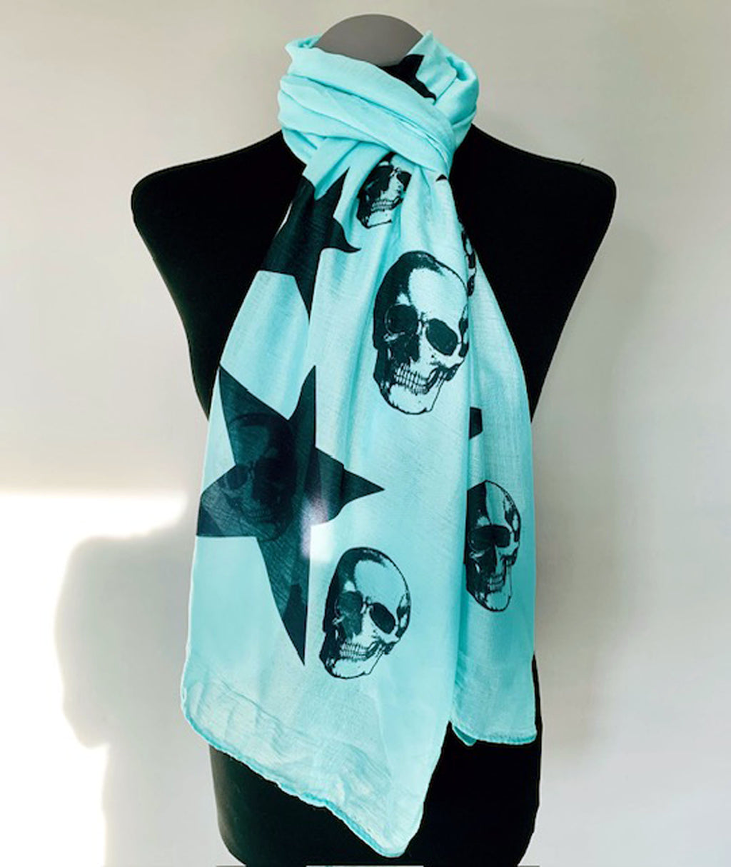 Skulls and Stars Scarf – Gothic Punk Fashion Print on Lightweight Aqua Green Scarf