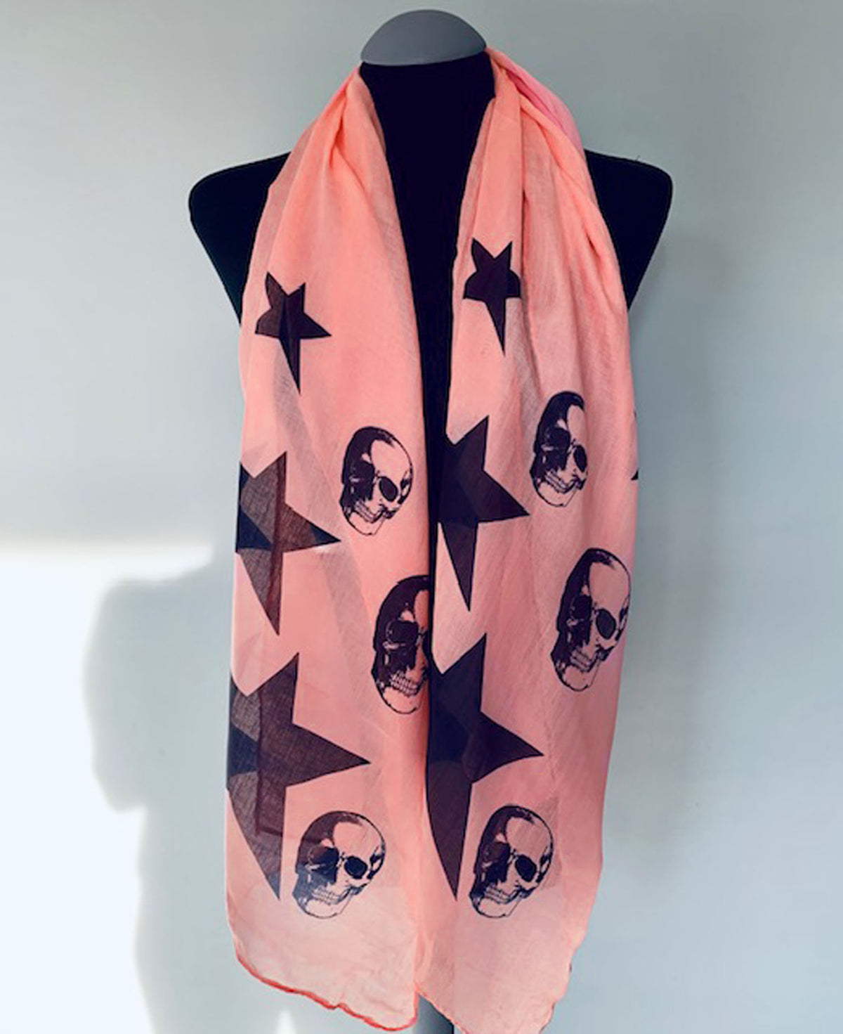 Skulls and Stars Scarf – Gothic Punk Fashion Print on Lightweight Pink Scarf