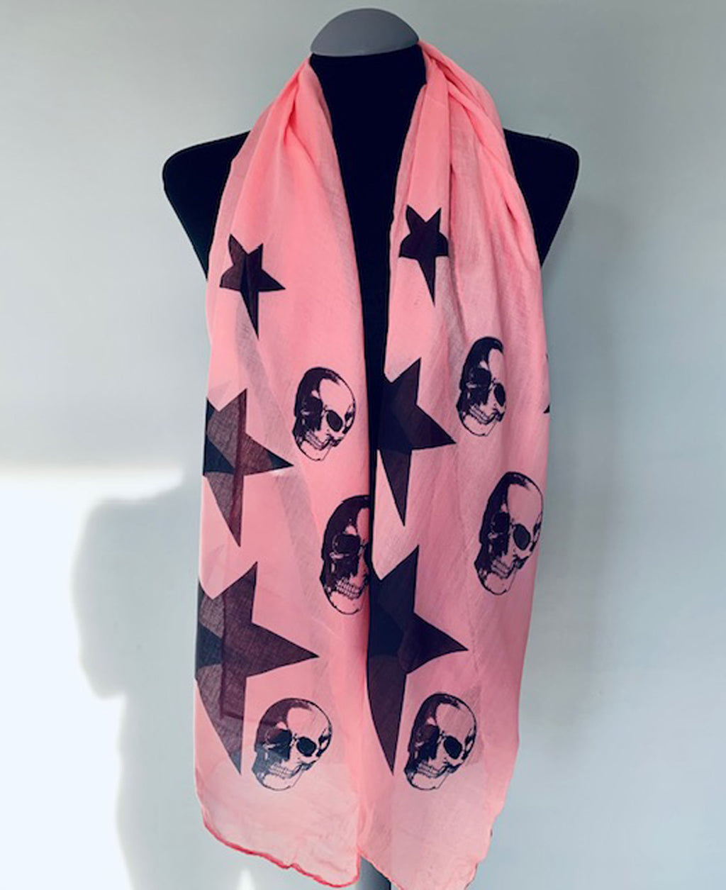 Skulls and Stars Scarf – Gothic Punk Fashion Print on Lightweight Pink Scarf