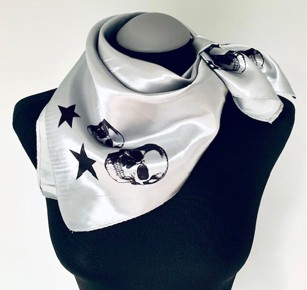 black skulls and stars print on silver grey satin silk square scarf