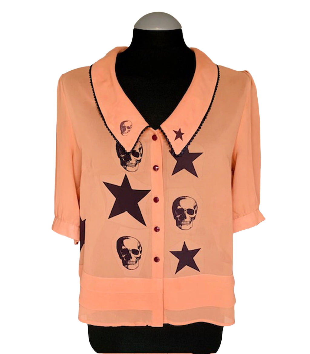 Reworked Skulls and Stars Chiffon Art Blouse. One-of-a-Kind Upcycled Preloved Top