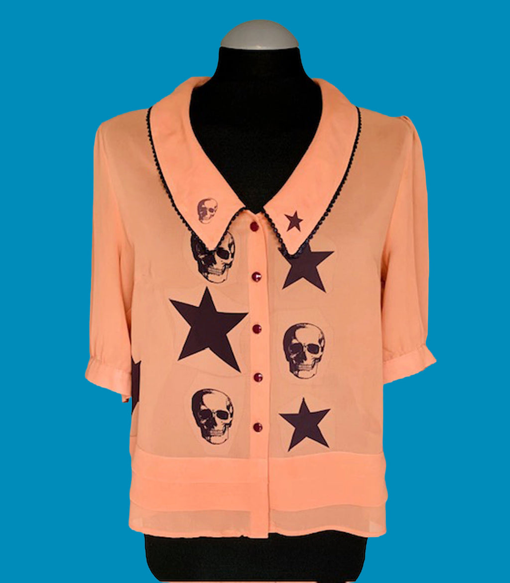 Reworked Skulls and Stars Chiffon Art Blouse. One-of-a-Kind Upcycled Preloved Top