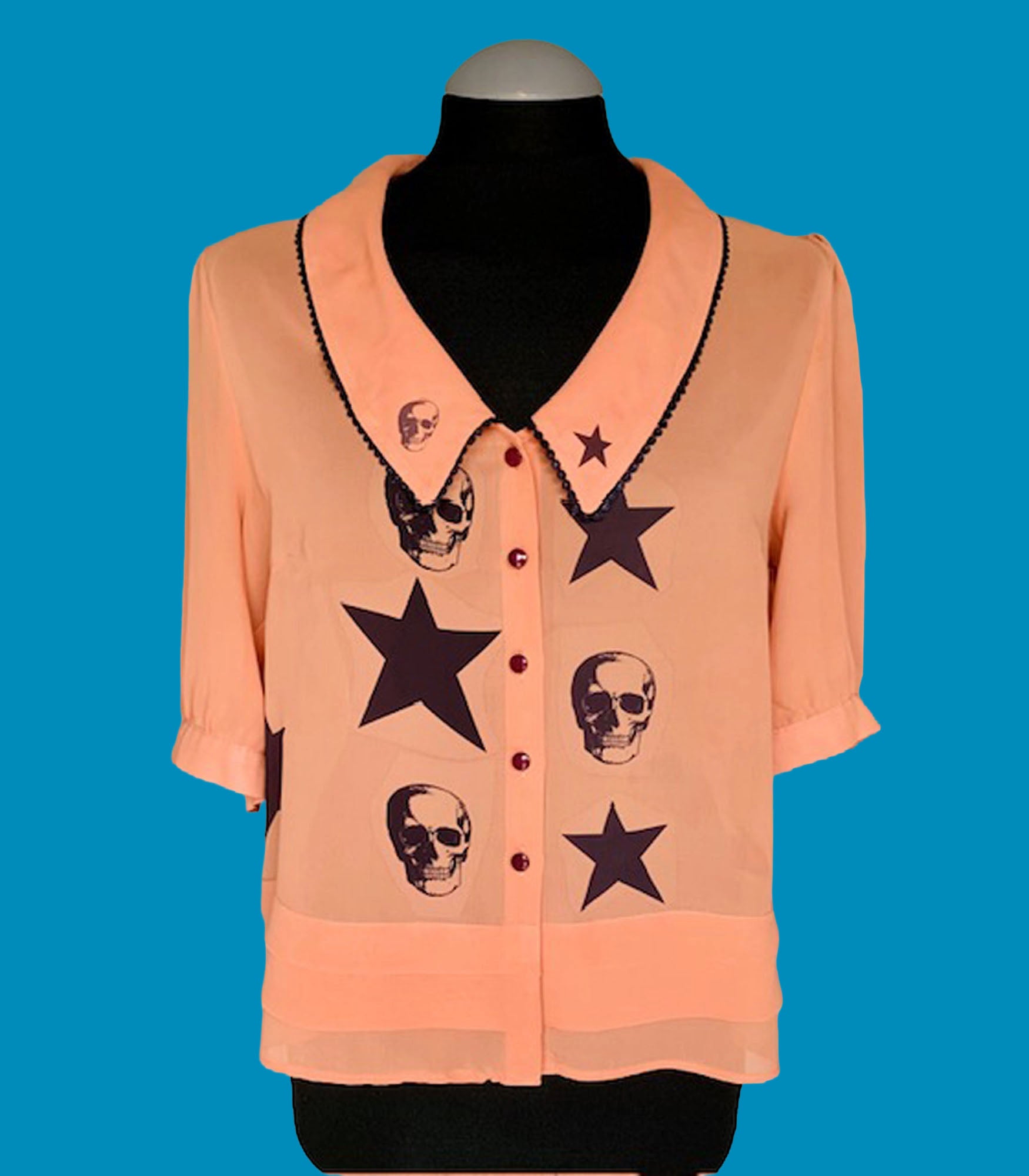 Reworked Skulls and Stars Chiffon Art Blouse. One-of-a-Kind Upcycled Preloved Top