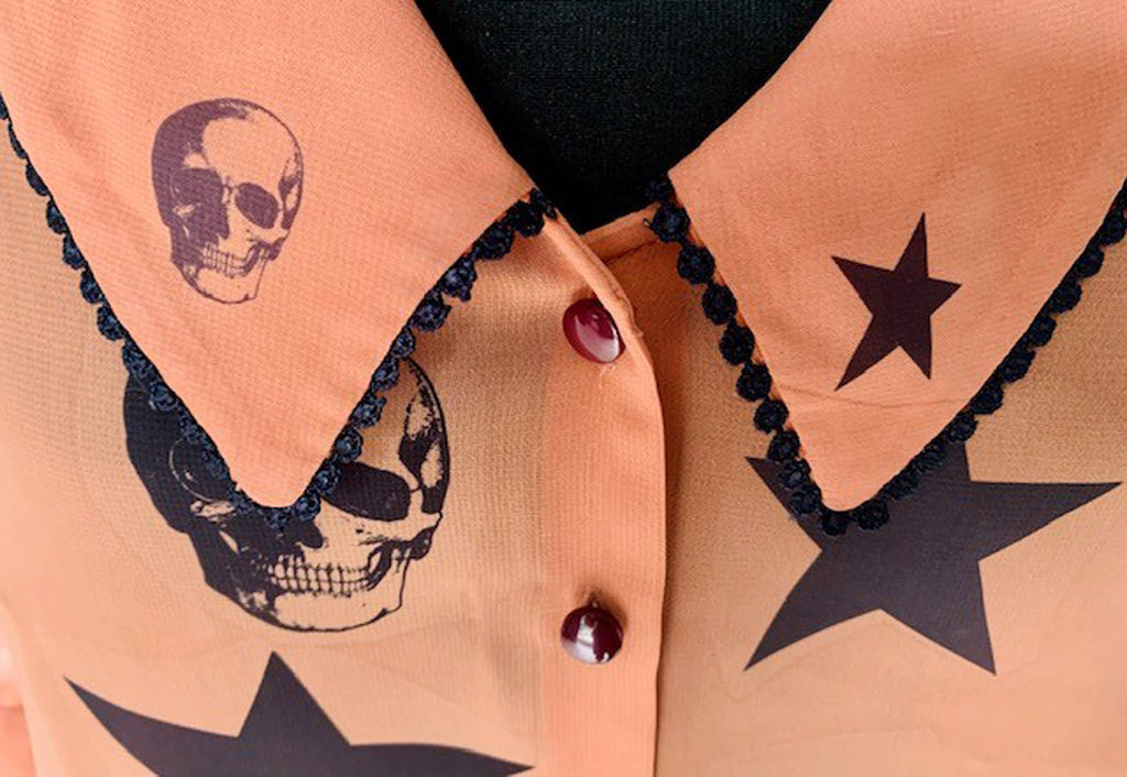 Reworked Skulls and Stars Chiffon Art Blouse. One-of-a-Kind Upcycled Preloved Top