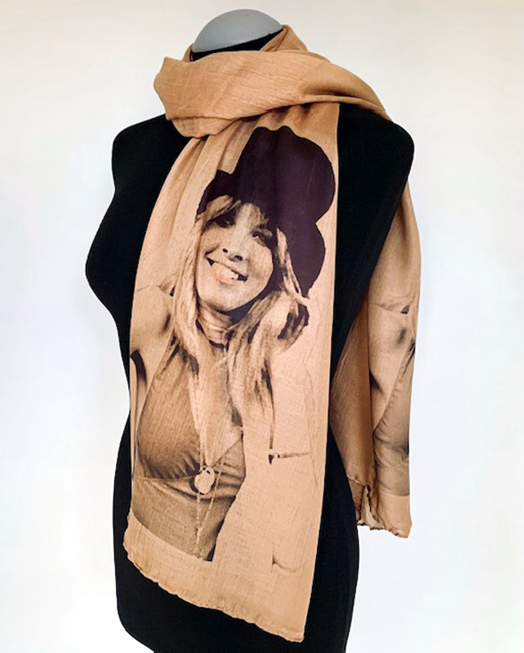 Soft wearable long brown scarf with stevie nicks fleetwood mac print