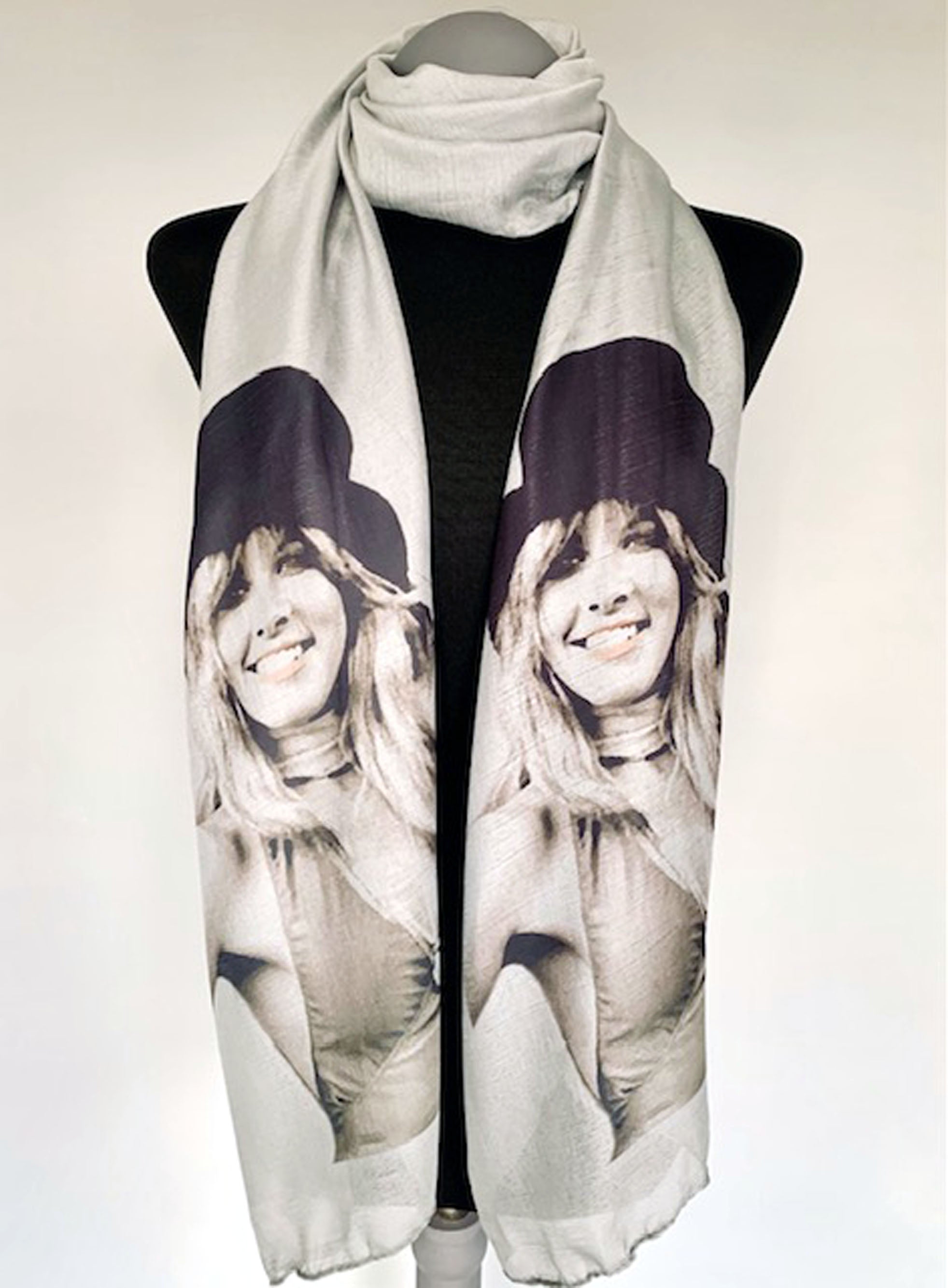 Soft wearable long grey scarf with stevie nicks fleetwood mac print