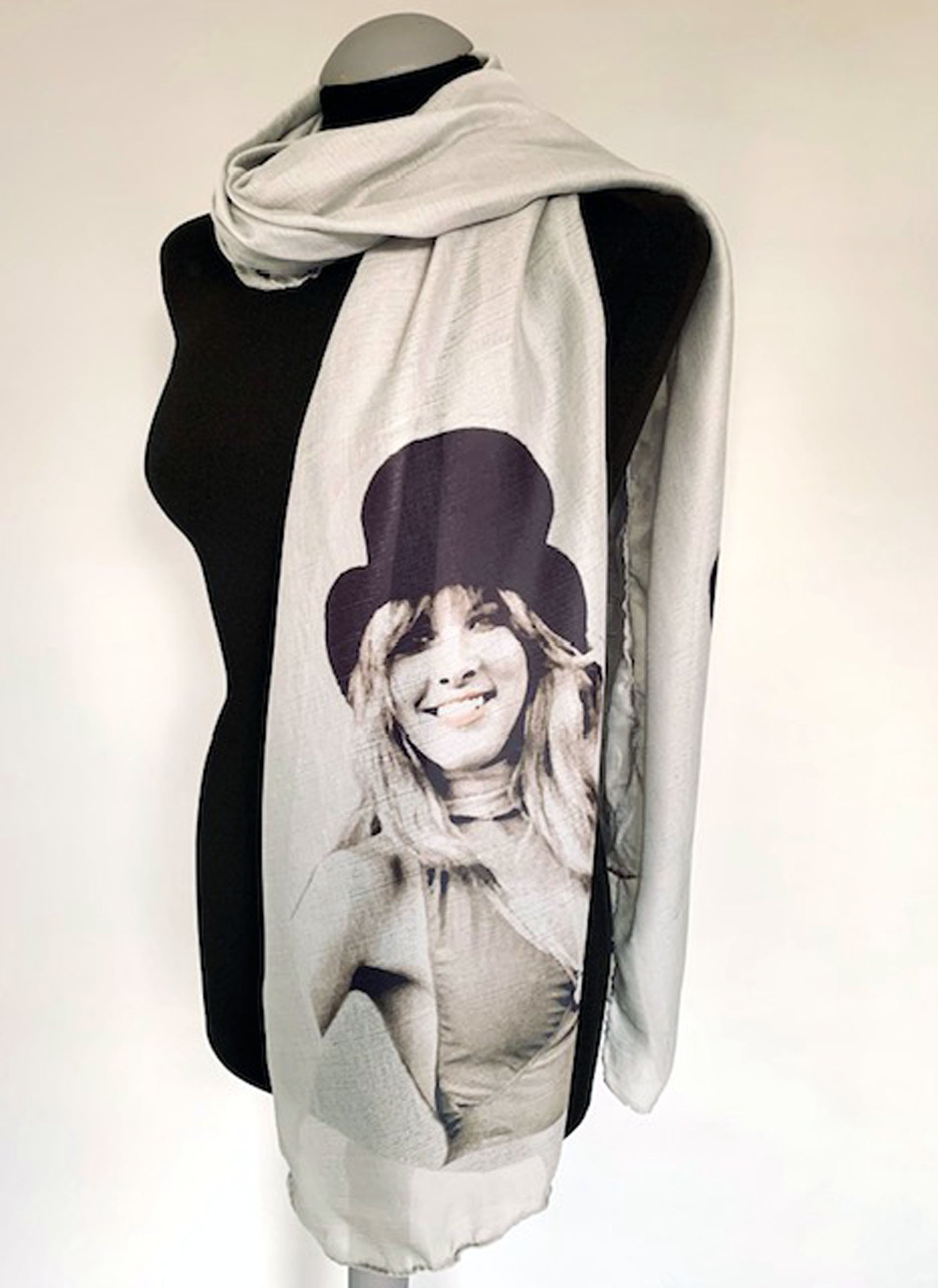 Stevie Nicks Inspired Scarf – 1970s Music Fashion Print on Grey Lightweight Scarf.