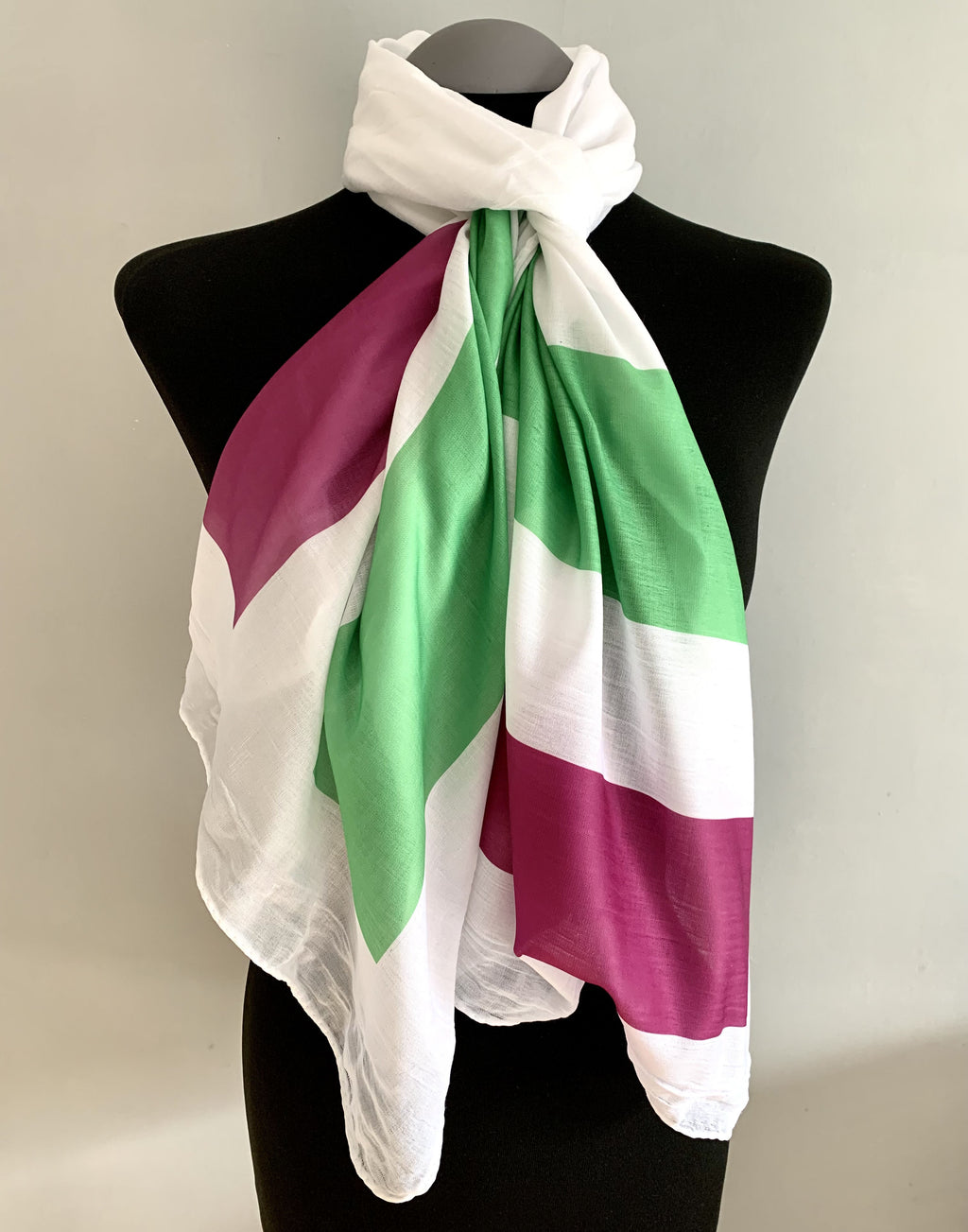 Wearable art scarf with suffragette flag print