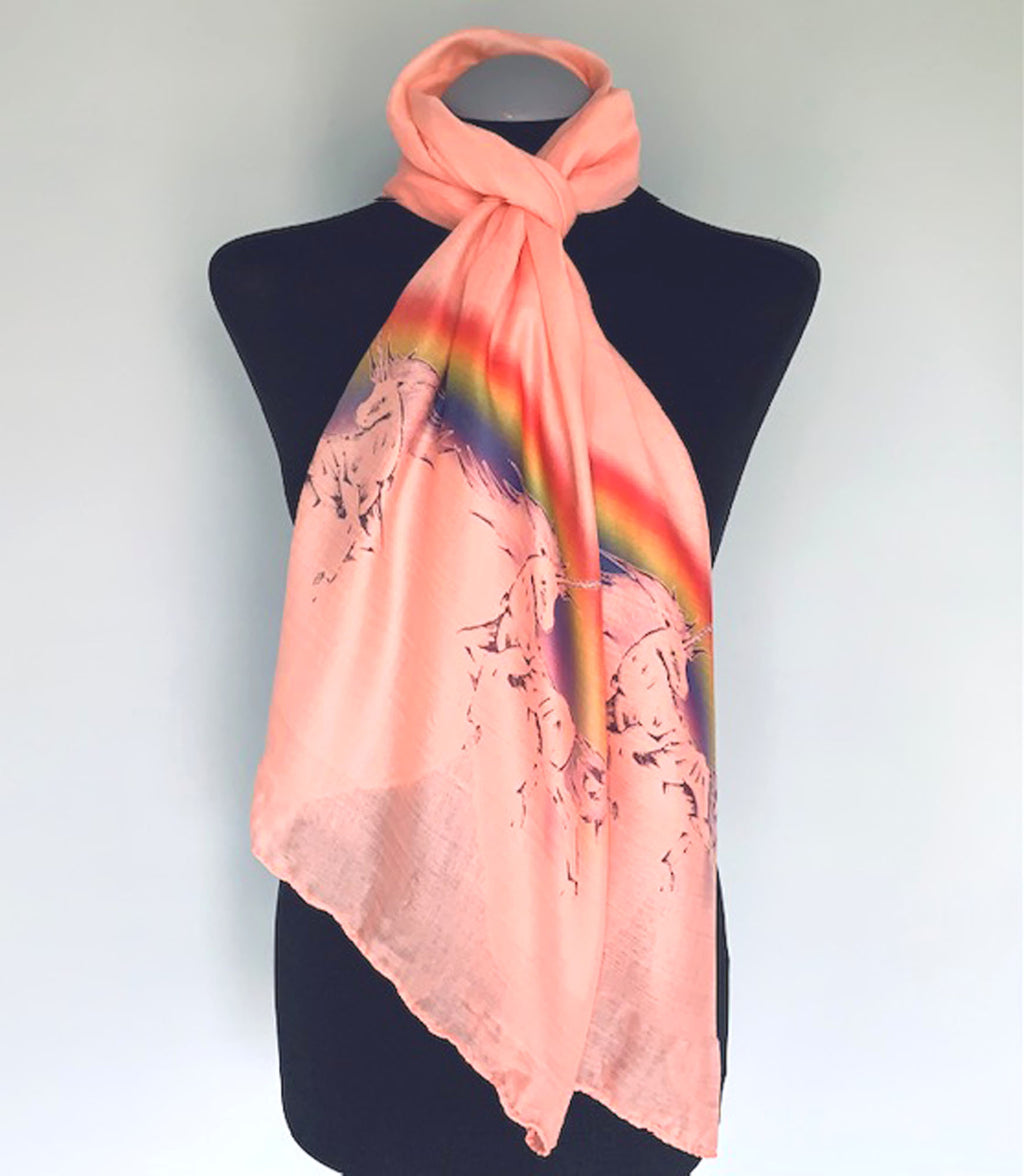 Unicorns and Rainbows Scarf – Colorful Festival Fashion Print on Pink Peach Lightweight Scarf (Copy)