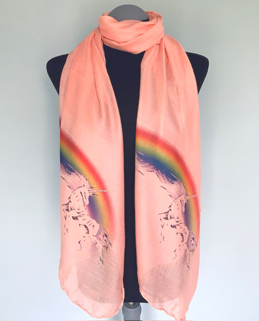 long peach pink scarf with rainbow and unicorn print