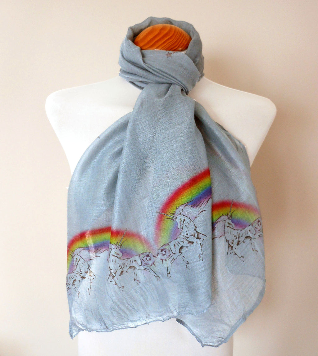 Unicorns and Rainbows Scarf – Colorful Festival Fashion Print on Grey Lightweight Scarf