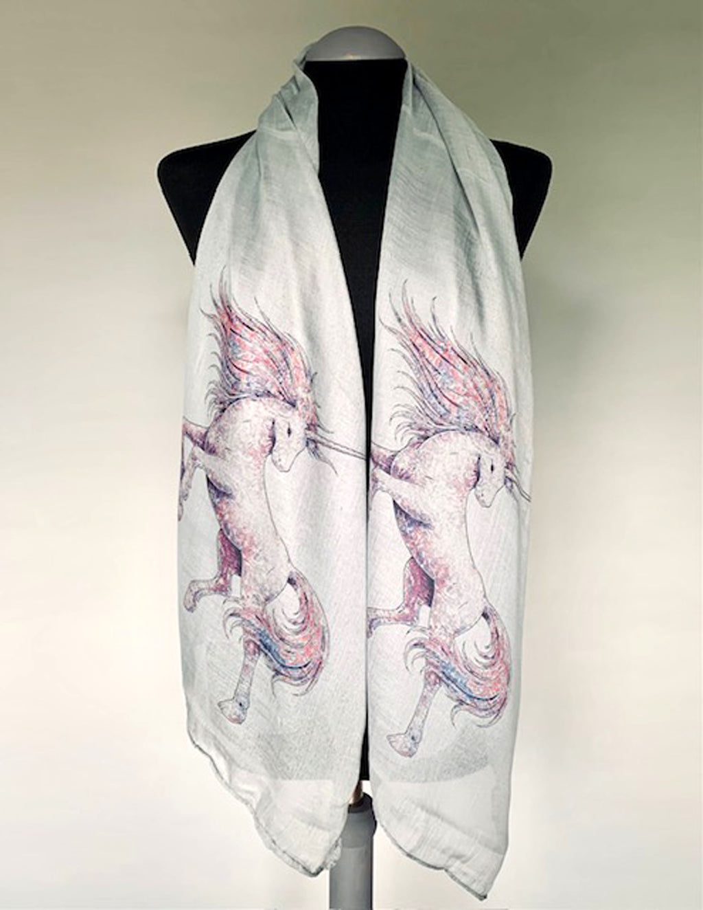 long grey scarf with pastel unicorn print