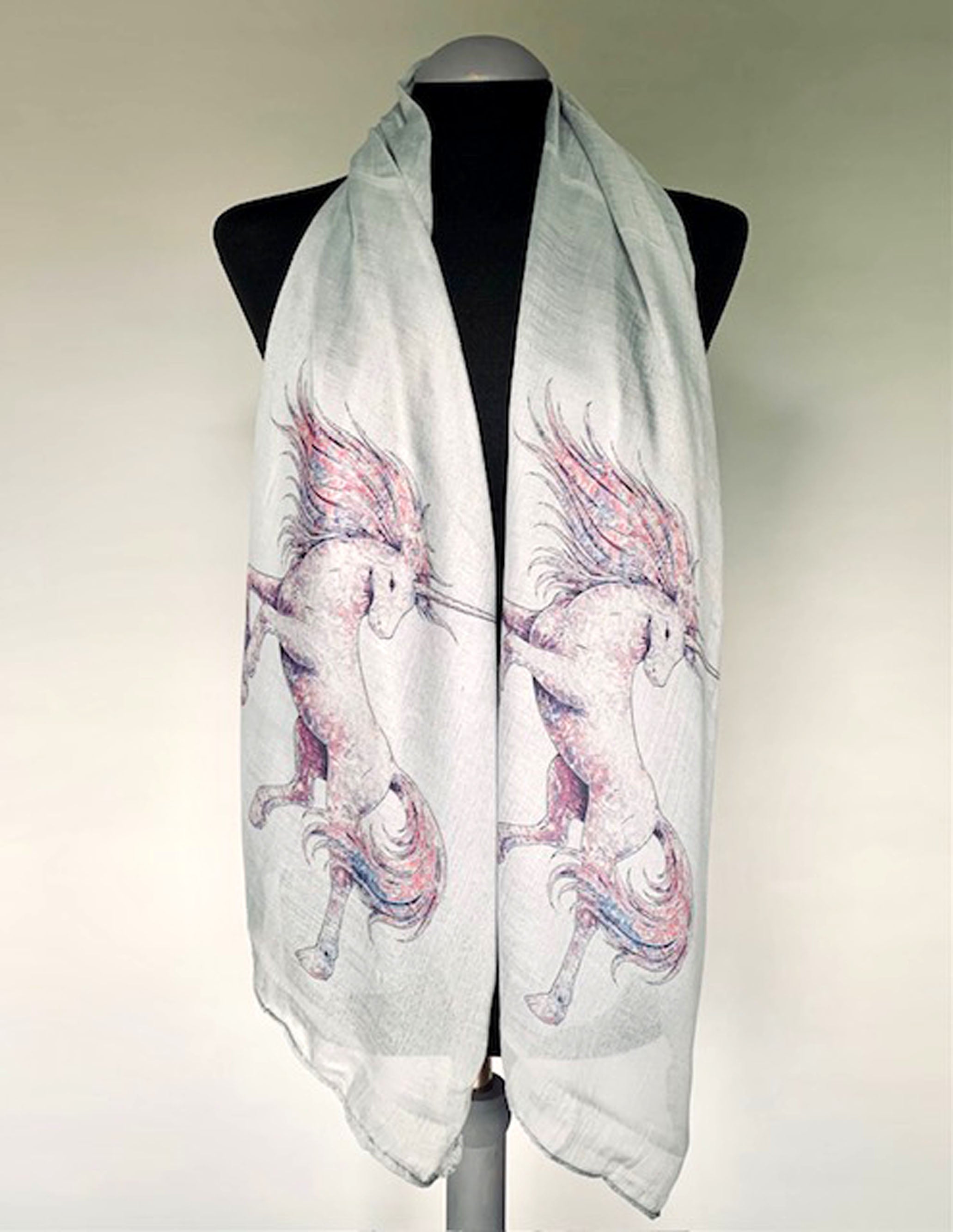 long grey scarf with pastel unicorn print