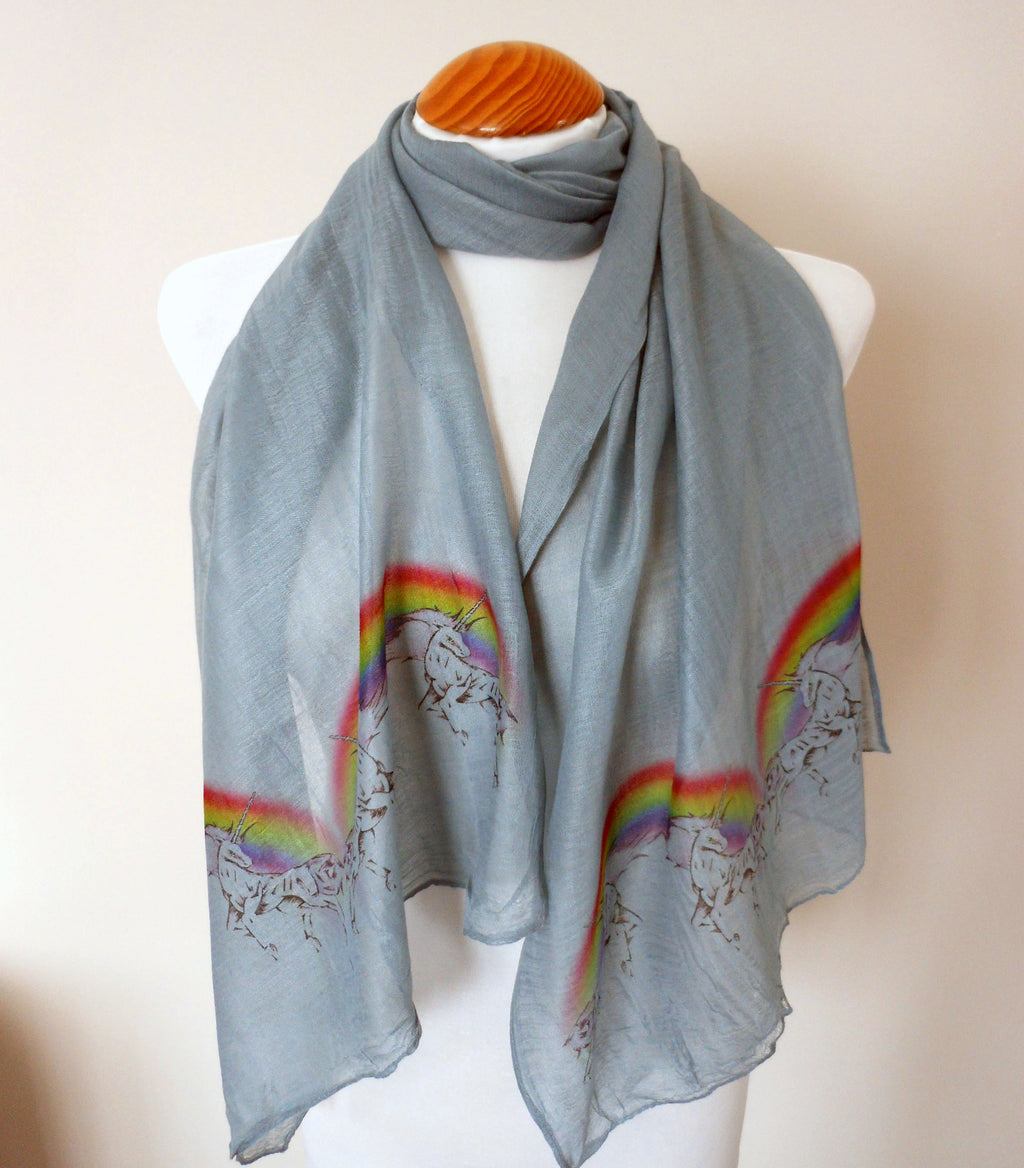 Unicorns and Rainbows Scarf – Colorful Festival Fashion Print on Grey Lightweight Scarf