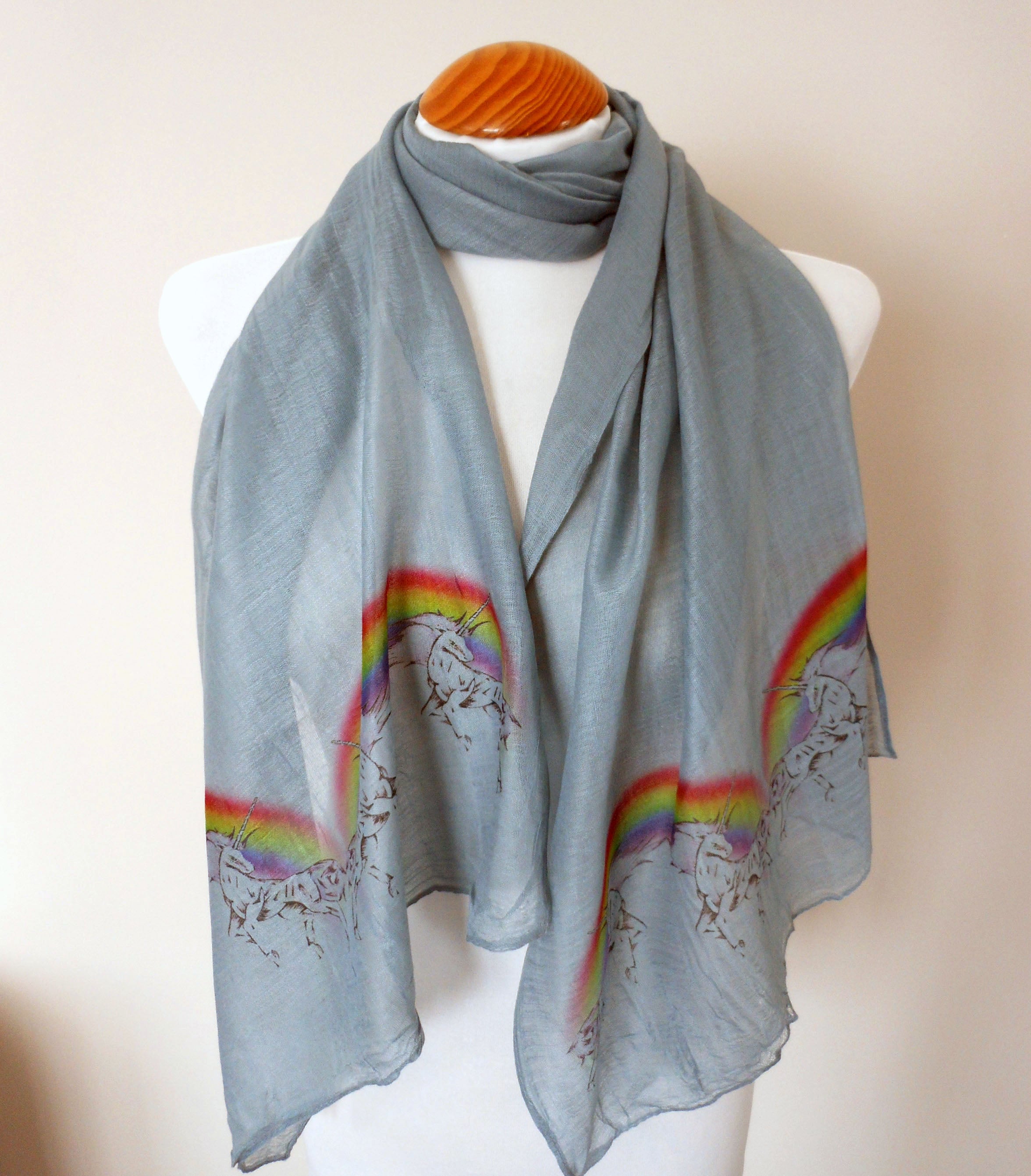 Unicorns and Rainbows Scarf – Colorful Festival Fashion Print on Grey Lightweight Scarf