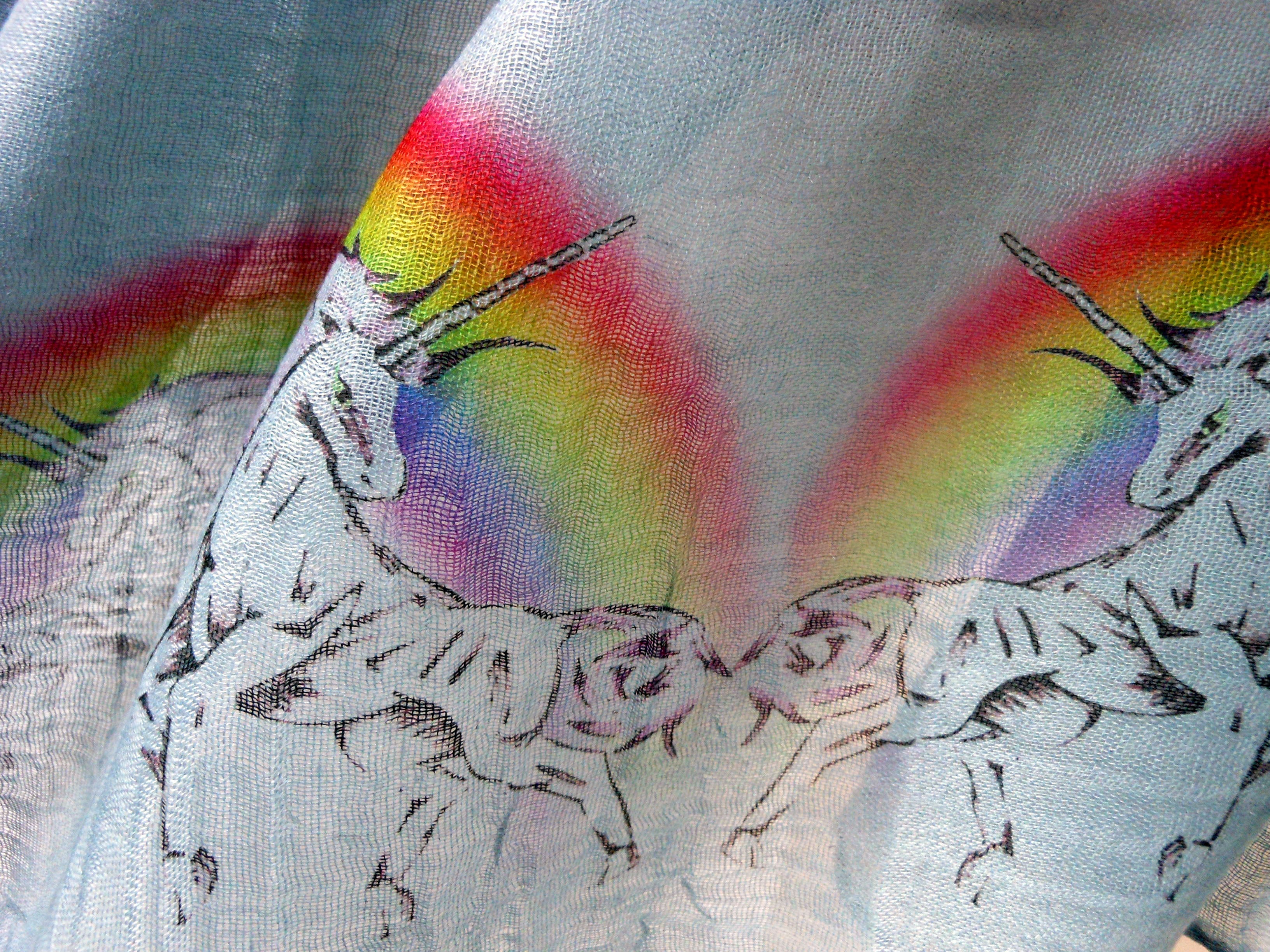 Unicorns and Rainbows Scarf – Colorful Festival Fashion Print on Grey Lightweight Scarf